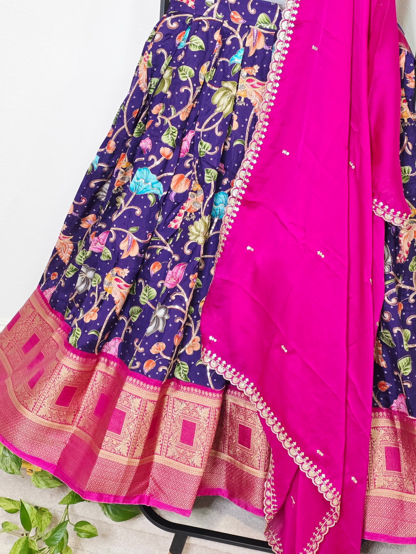 💜 Royal Purple Kalamkari Munga Crepe Silk Lehenga with Magenta Zari Border & Cutwork Embroidered Dupatta