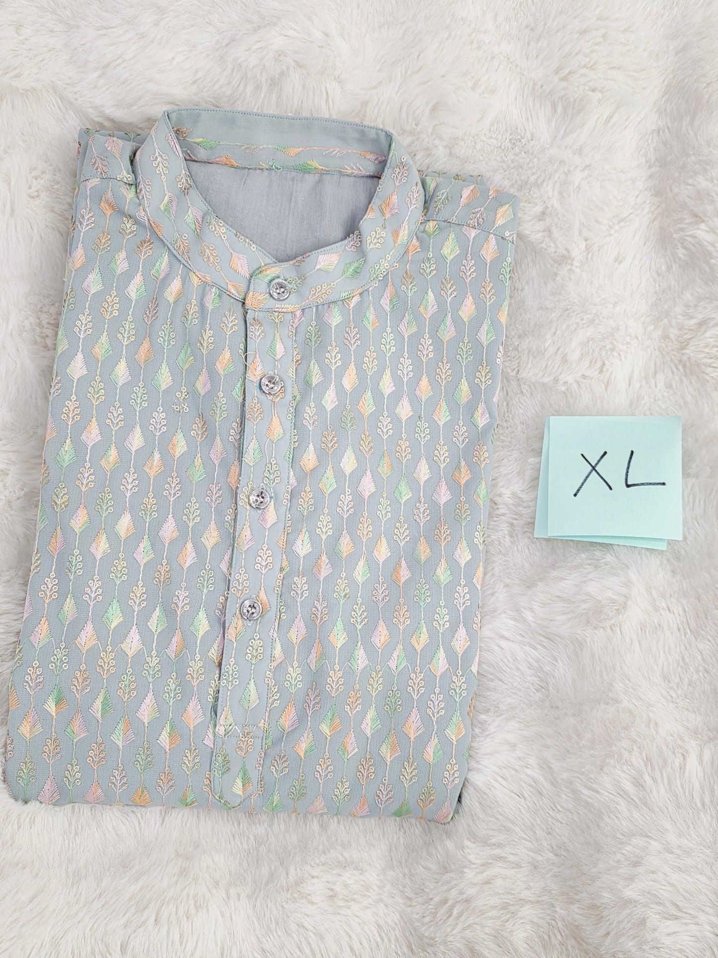 Men’s Soft Georgette Chikankari Kurta – Pastel Powder Blue – Size XL