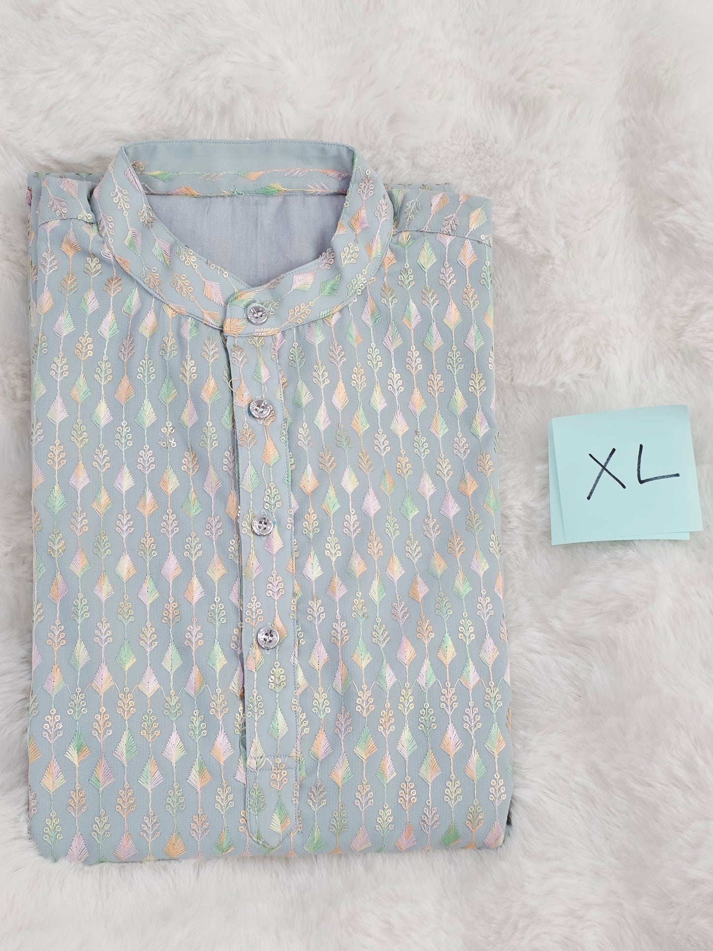 Men’s Soft Georgette Chikankari Kurta – Pastel Powder Blue – Size XL