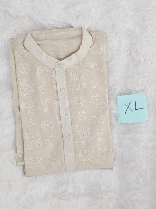 Men’s Ivory Beige Chanderi Kurta – Size XL | Self Thread Embroidered Lined Kurta