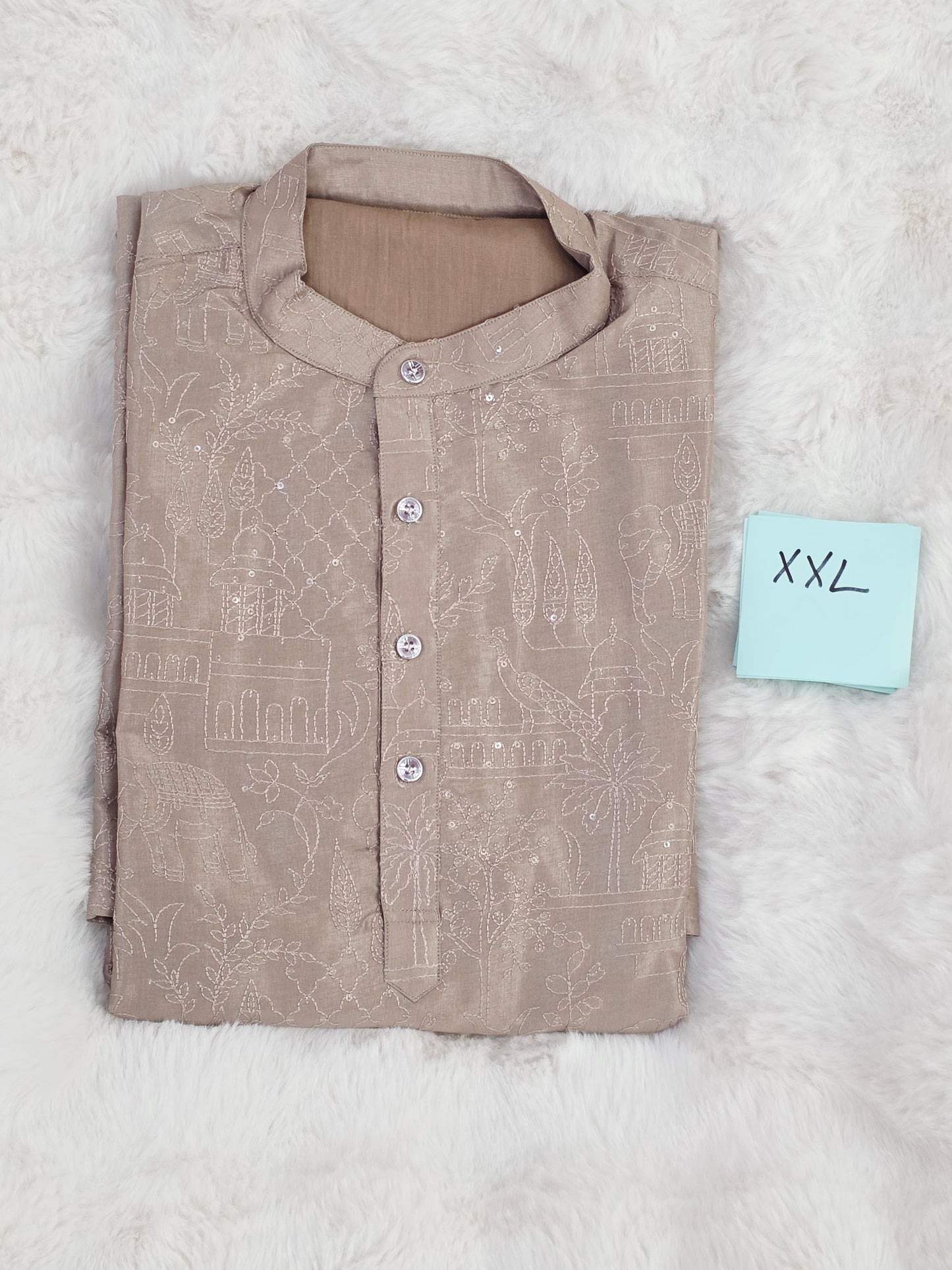 Men’s Brownish Beige Silk Cotton Kurta – Size XXL | Self Thread Embroidered Lined Kurta