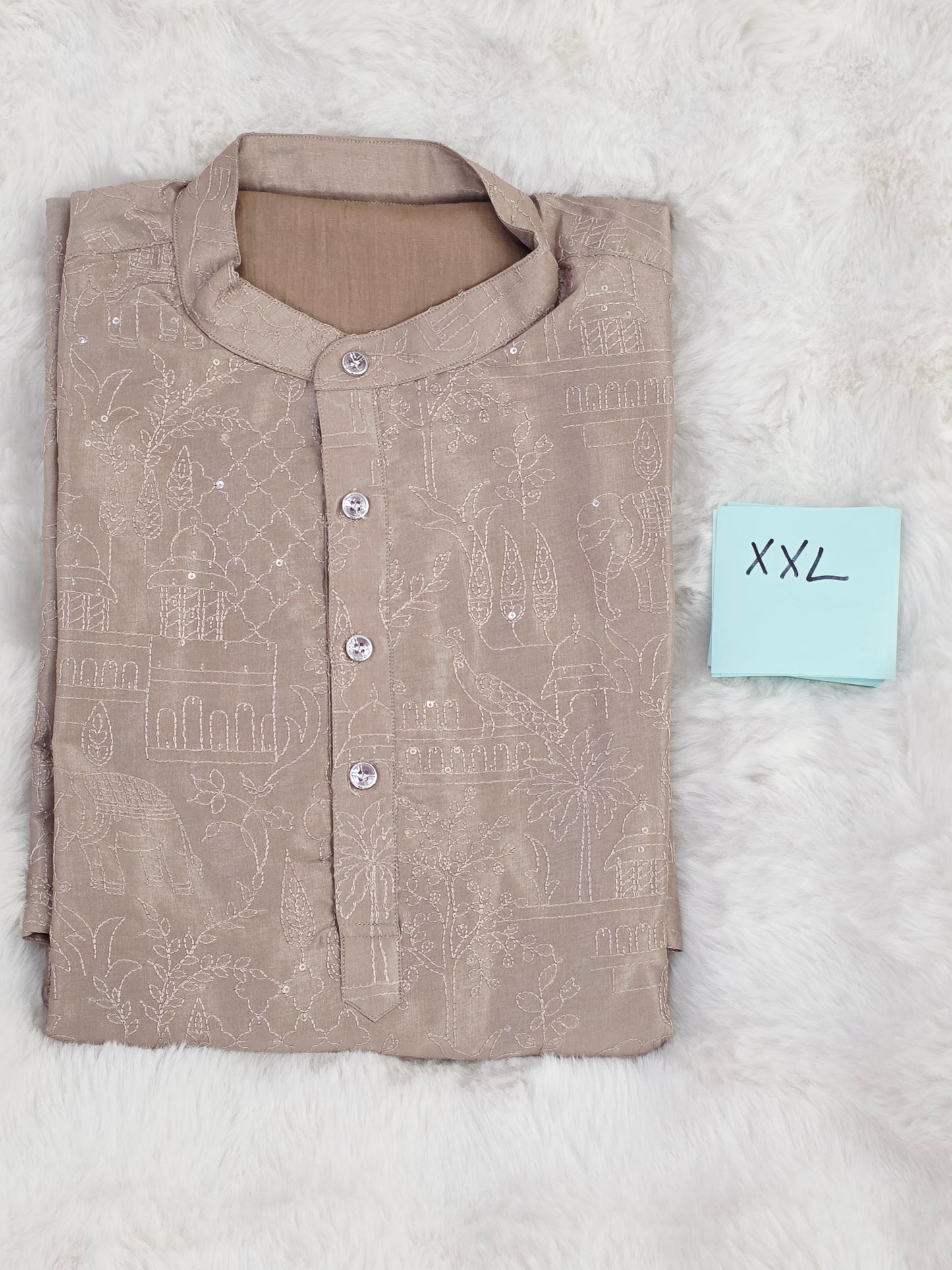 Men’s Brownish Beige Silk Cotton Kurta – Size XXL | Self Thread Embroidered Lined Kurta