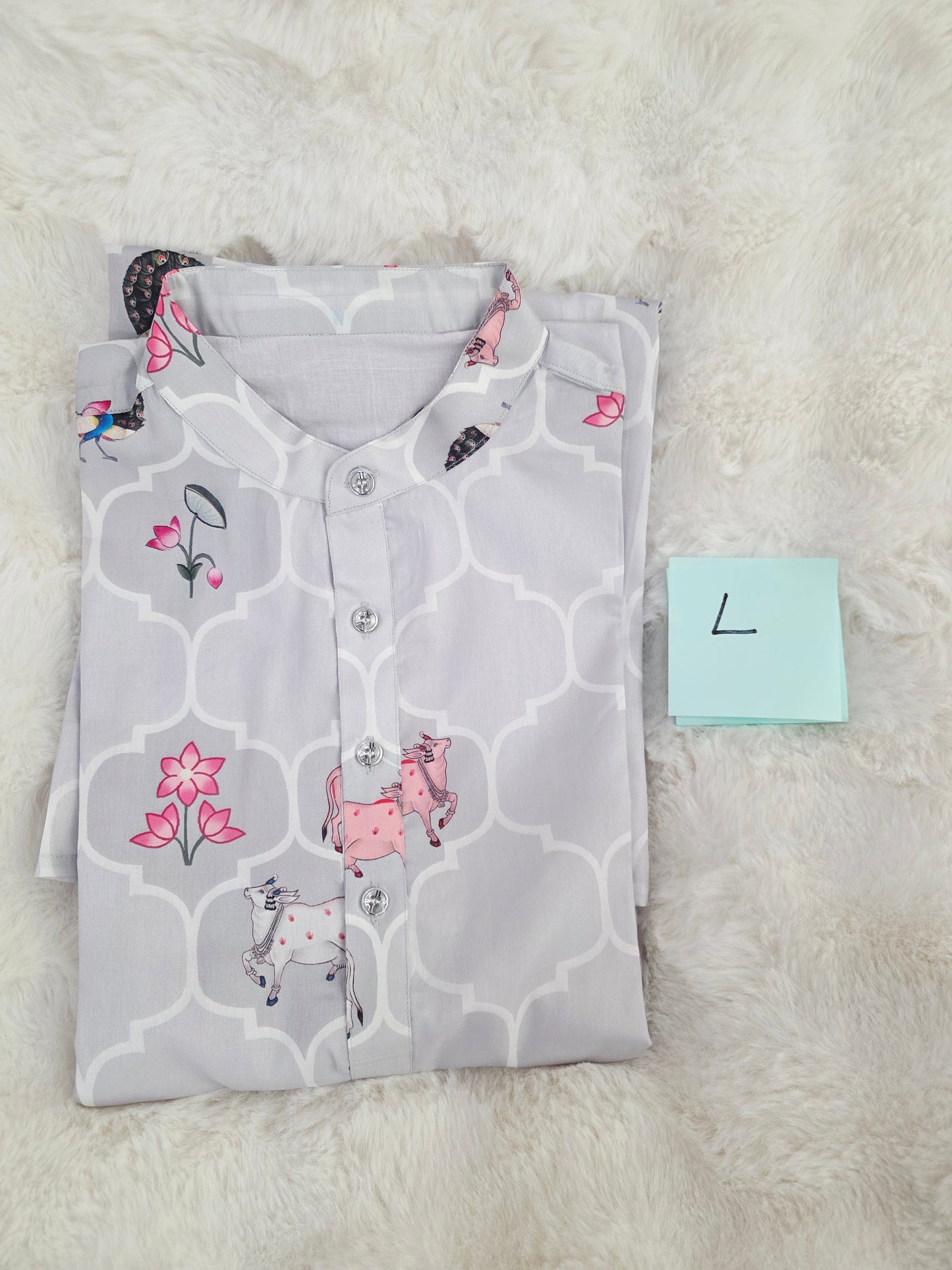 Men’s Grey Tussar Silk Pichwai Print Kurta – Size L
