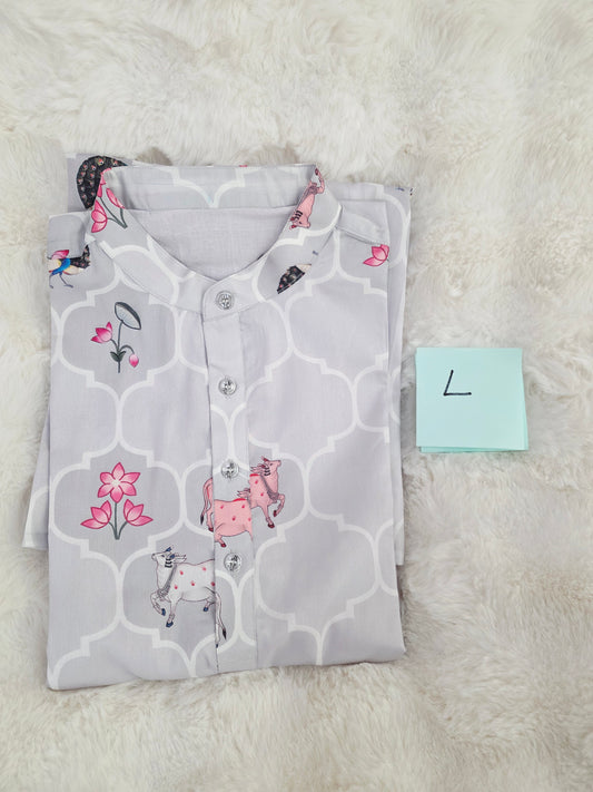 Men’s Grey Tussar Silk Pichwai Print Kurta – Size L