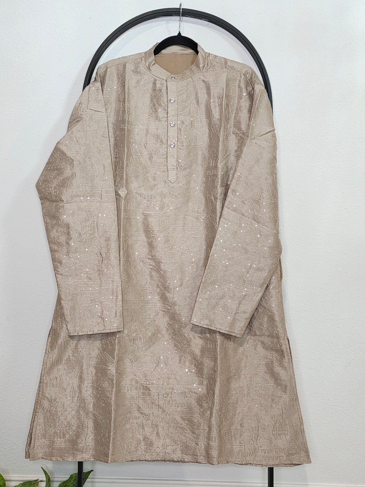 Men’s Brownish Beige Silk Cotton Kurta – Size XXL | Self Thread Embroidered Lined Kurta