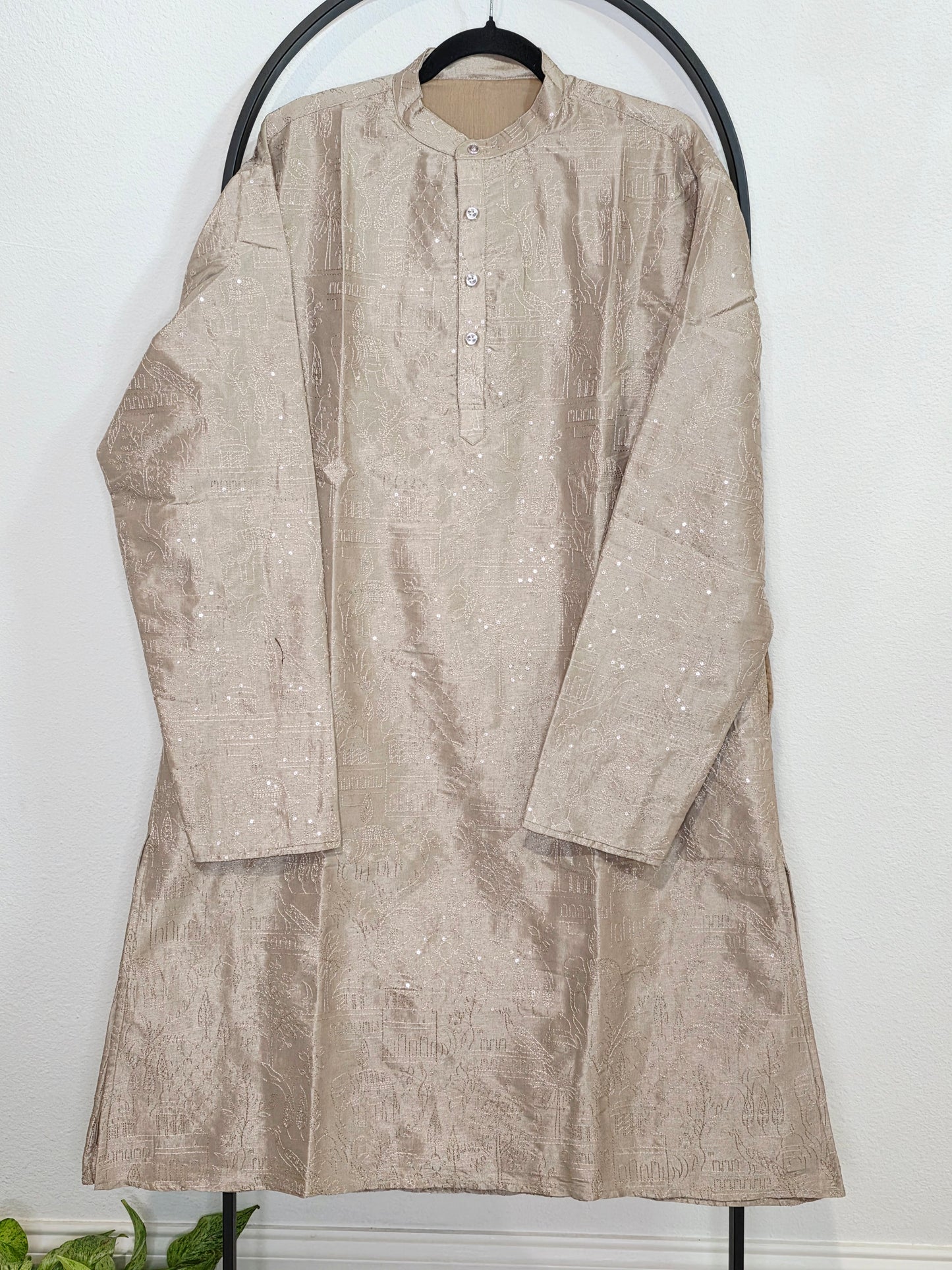 Men’s Brownish Beige Silk Cotton Kurta – Size XXL | Self Thread Embroidered Lined Kurta