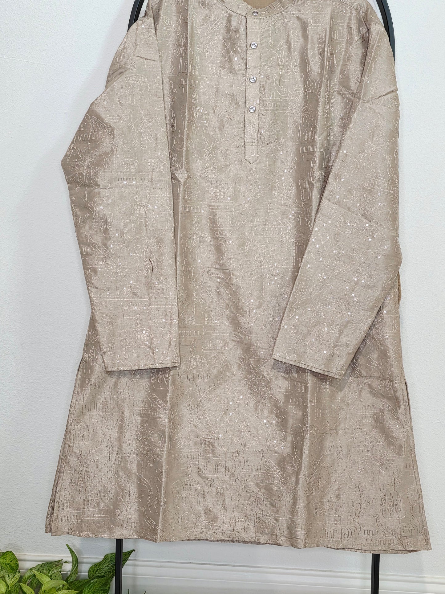 Men’s Brownish Beige Silk Cotton Kurta – Size XXL | Self Thread Embroidered Lined Kurta