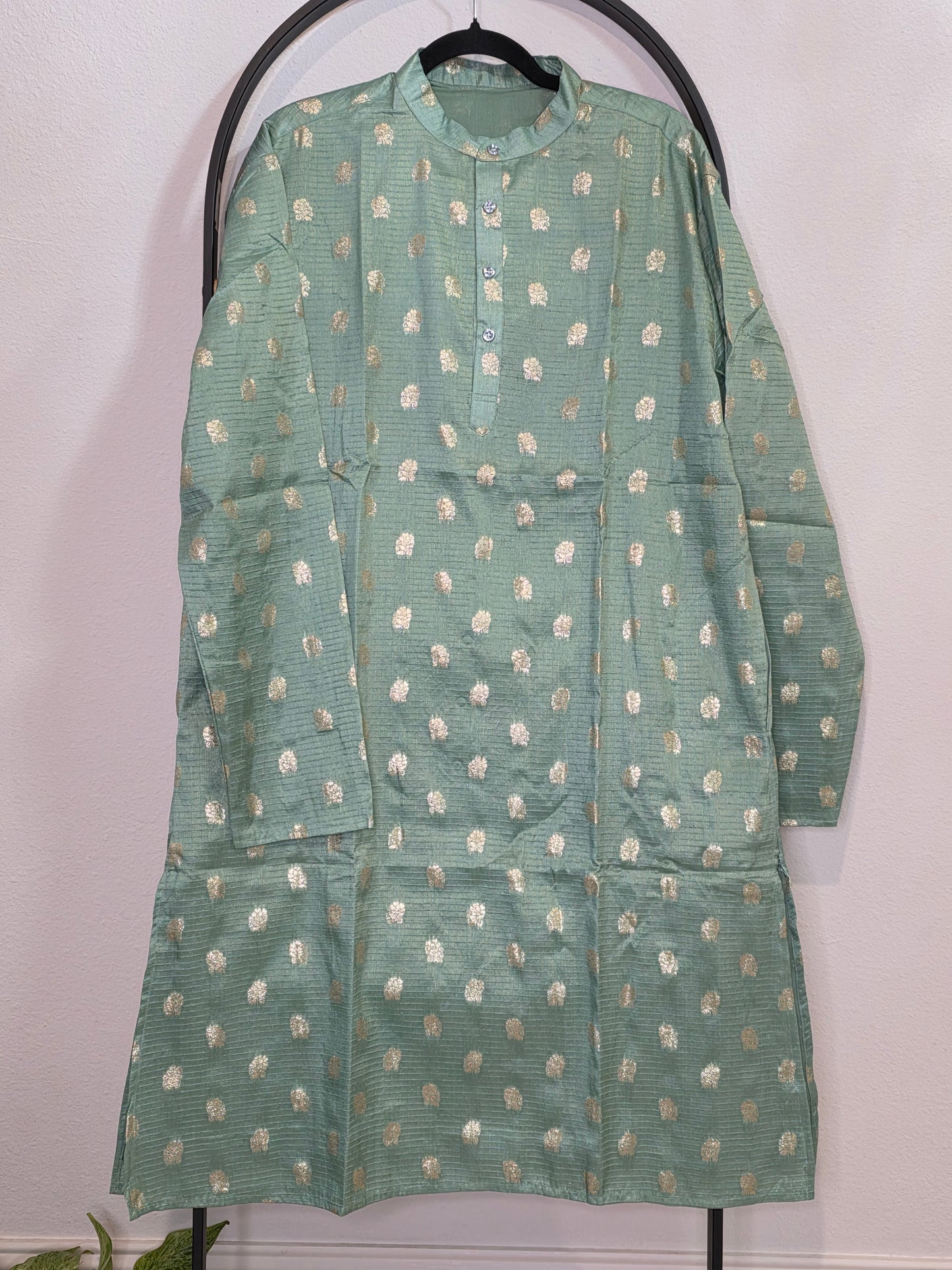 Men’s Sea Green Banarasi Silk Kurta – Size XXL