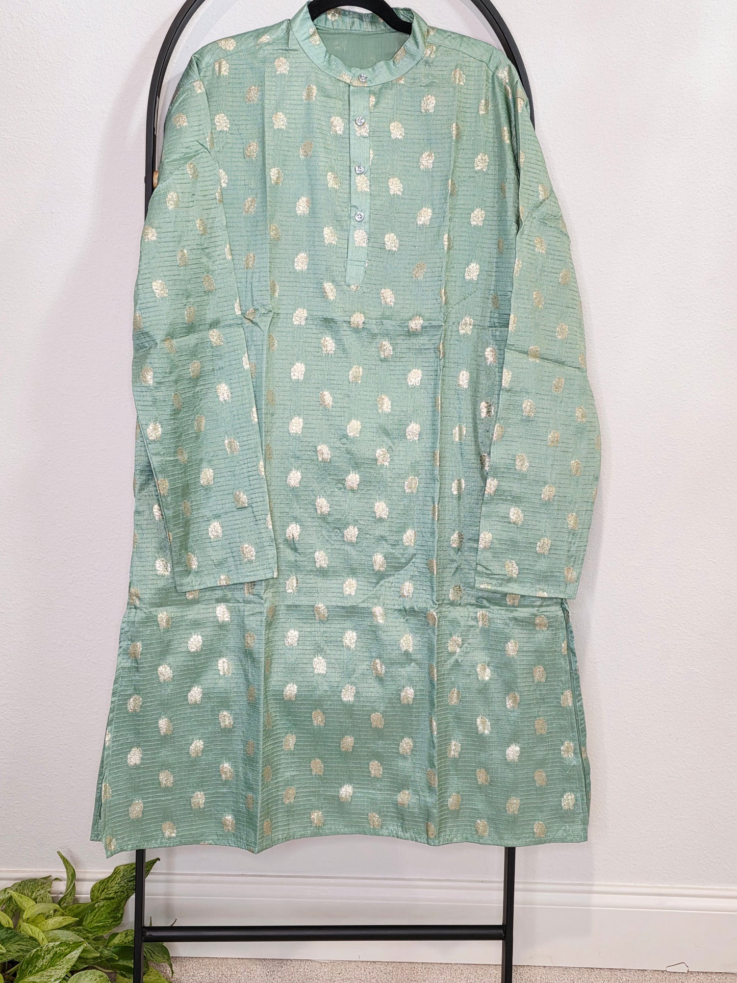 Men’s Sea Green Banarasi Silk Kurta – Size XXL