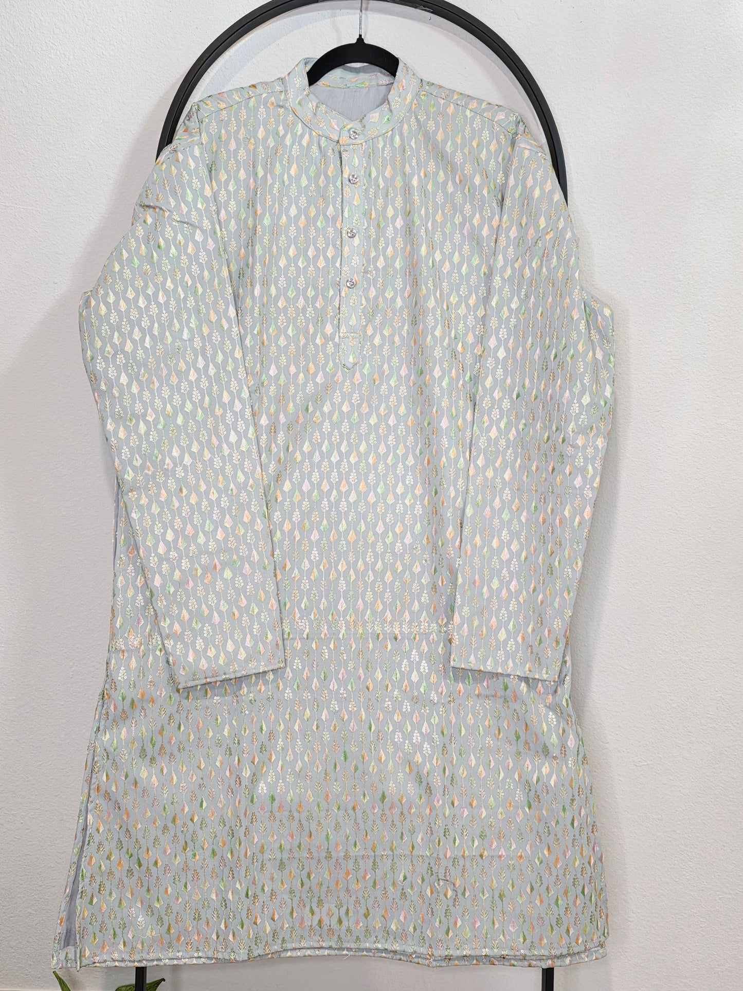 Men’s Soft Georgette Chikankari Kurta – Pastel Powder Blue – Size XL