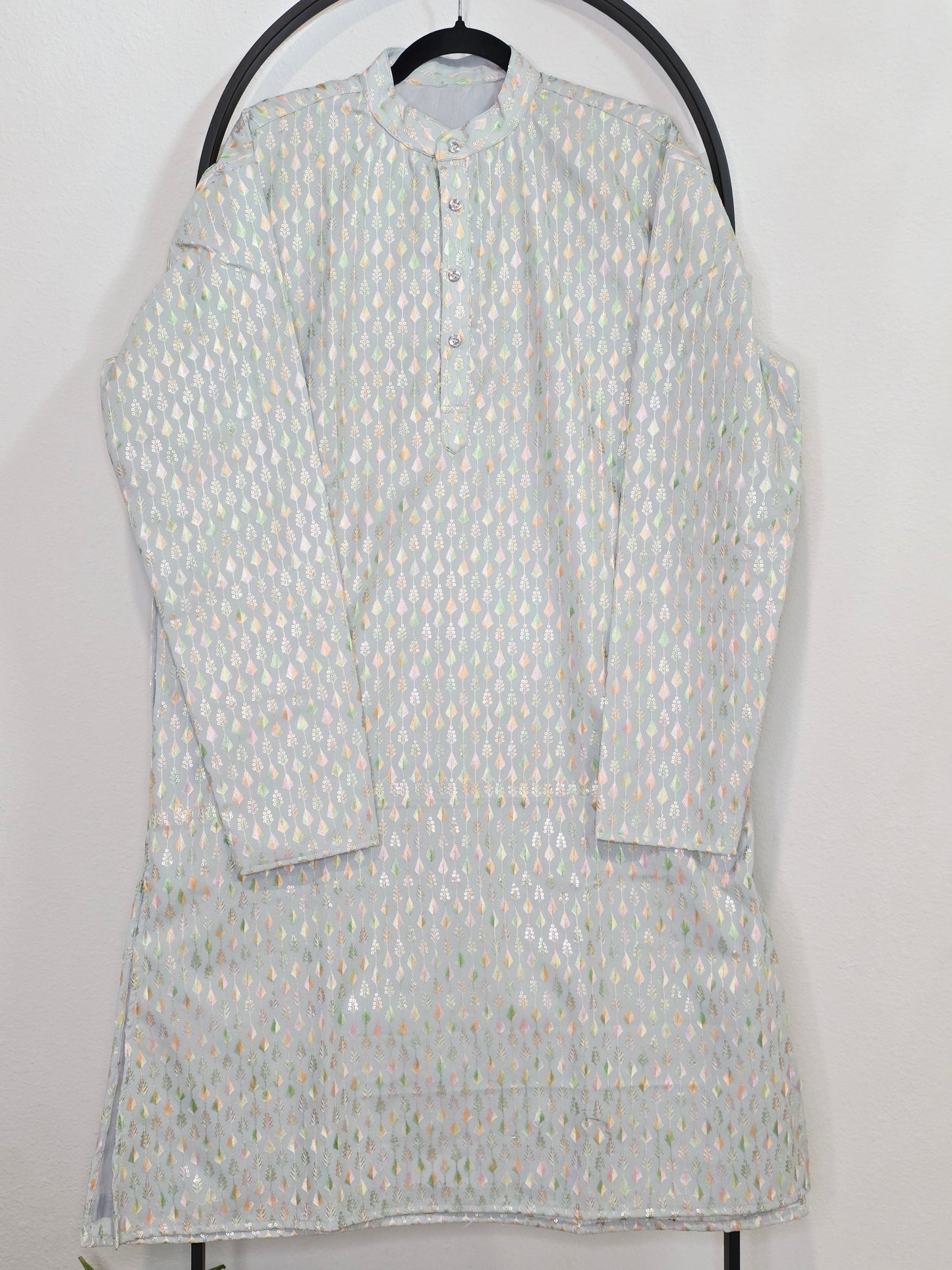 Men’s Soft Georgette Chikankari Kurta – Pastel Powder Blue – Size XL