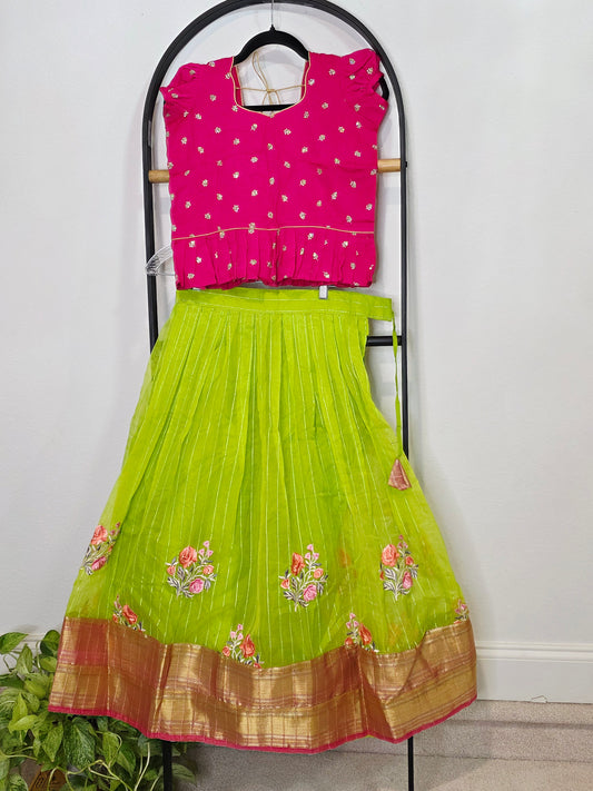 Green Organza Lehenga with Pink Chinnon Chiffon Blouse for Girls (Age 8–9)