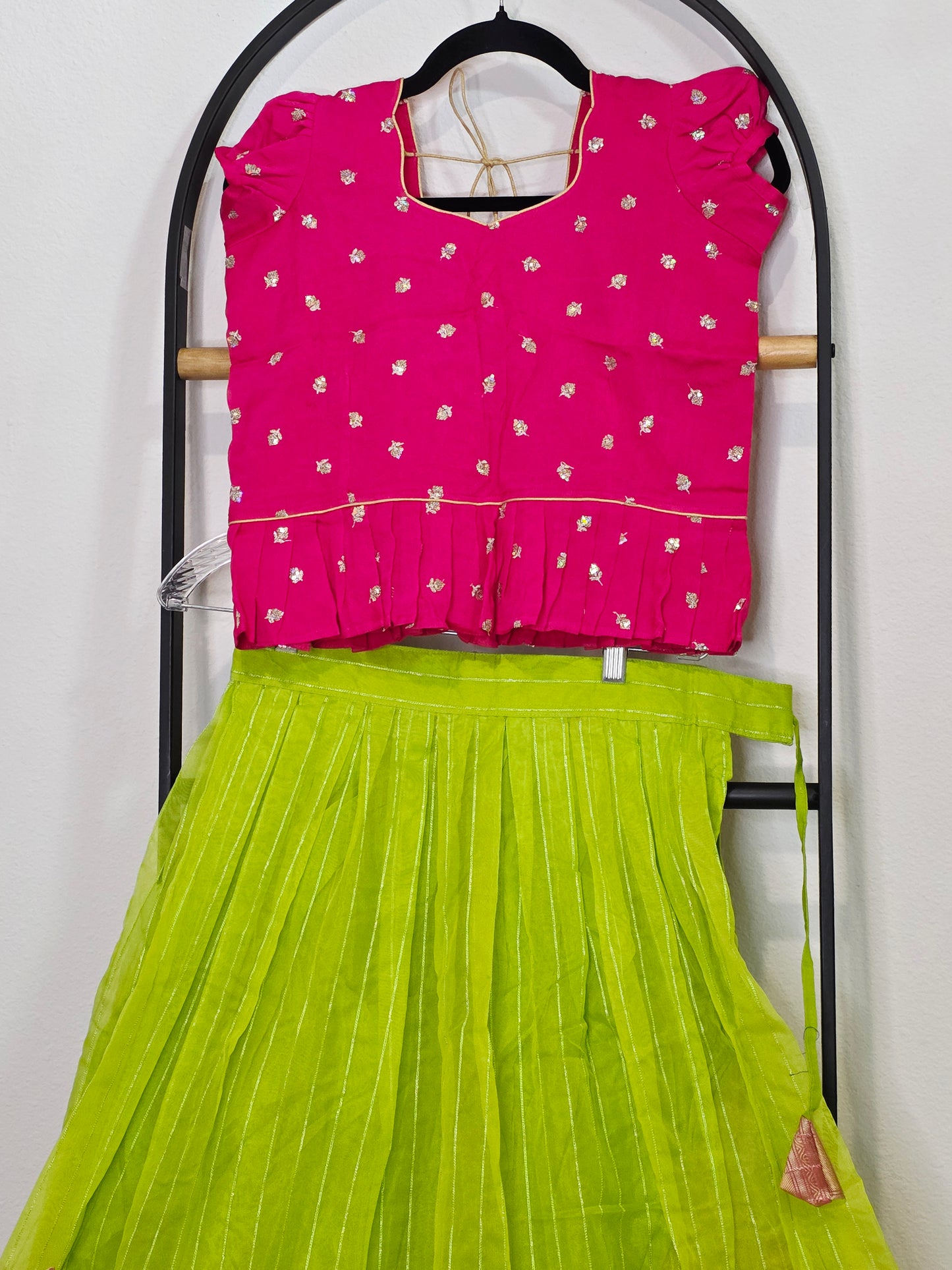 Green Organza Lehenga with Pink Chinnon Chiffon Blouse for Girls (Age 8–9)