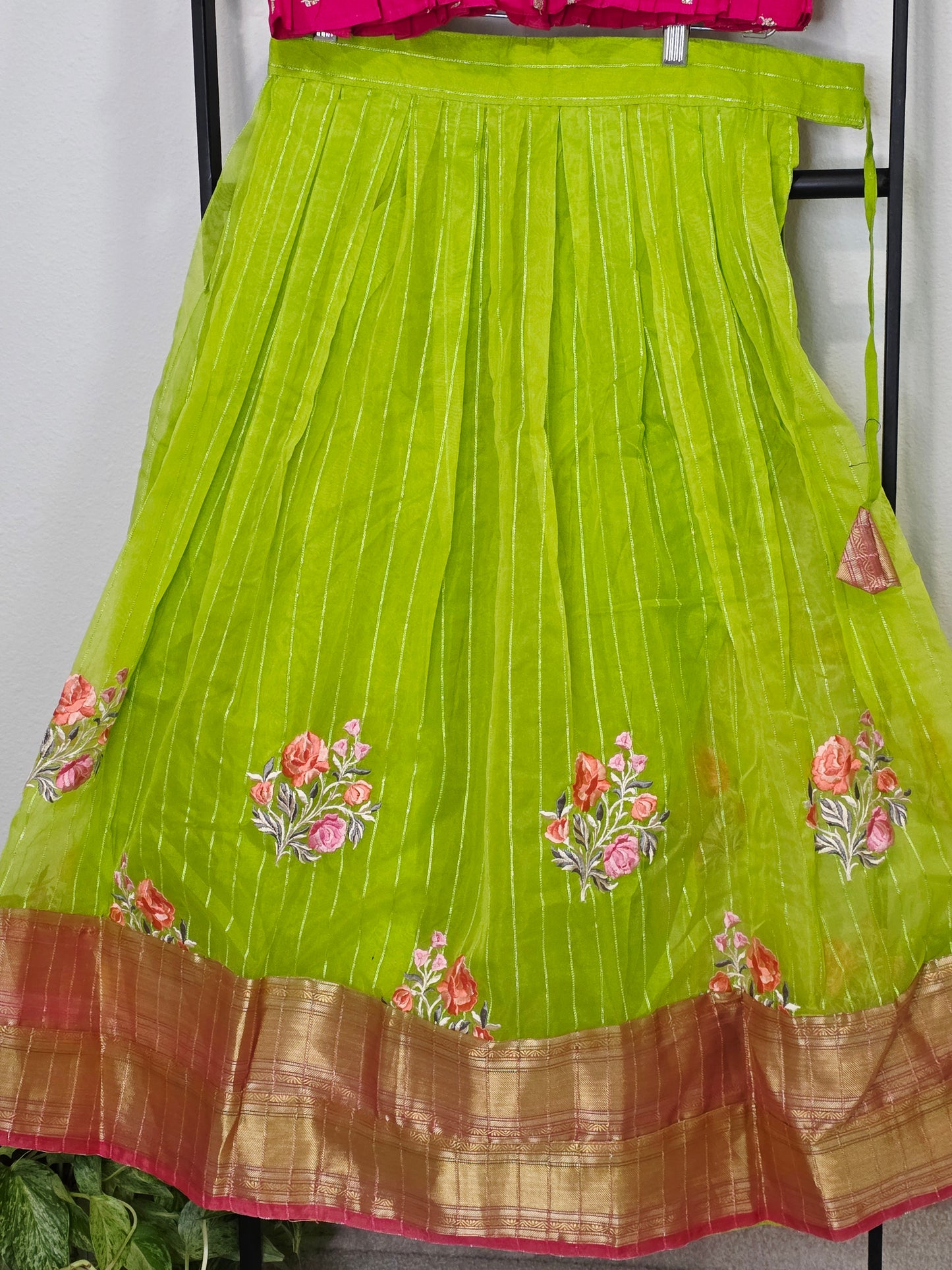 Green Organza Lehenga with Pink Chinnon Chiffon Blouse for Girls (Age 8–9)