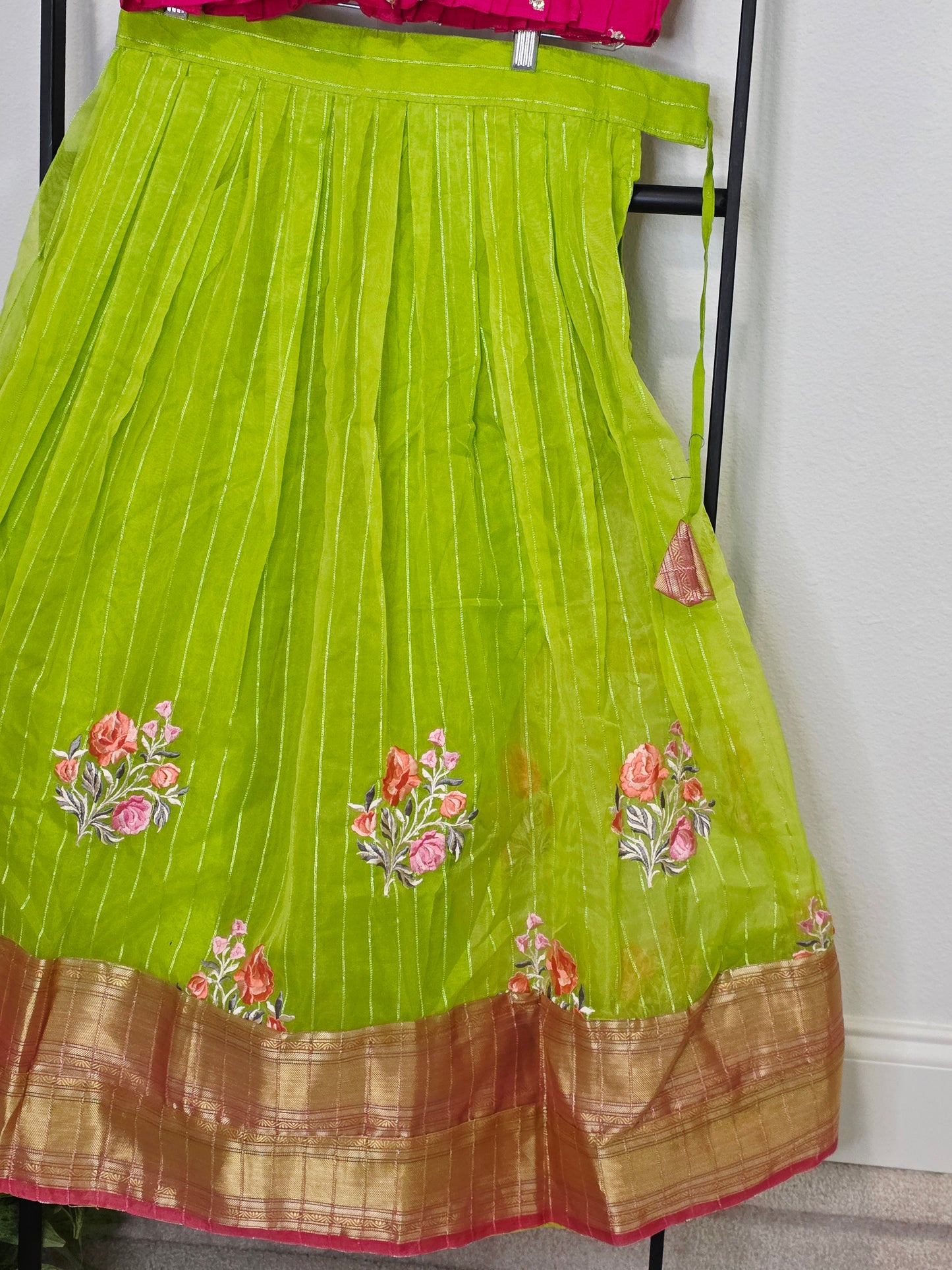 Green Organza Lehenga with Pink Chinnon Chiffon Blouse for Girls (Age 8–9)