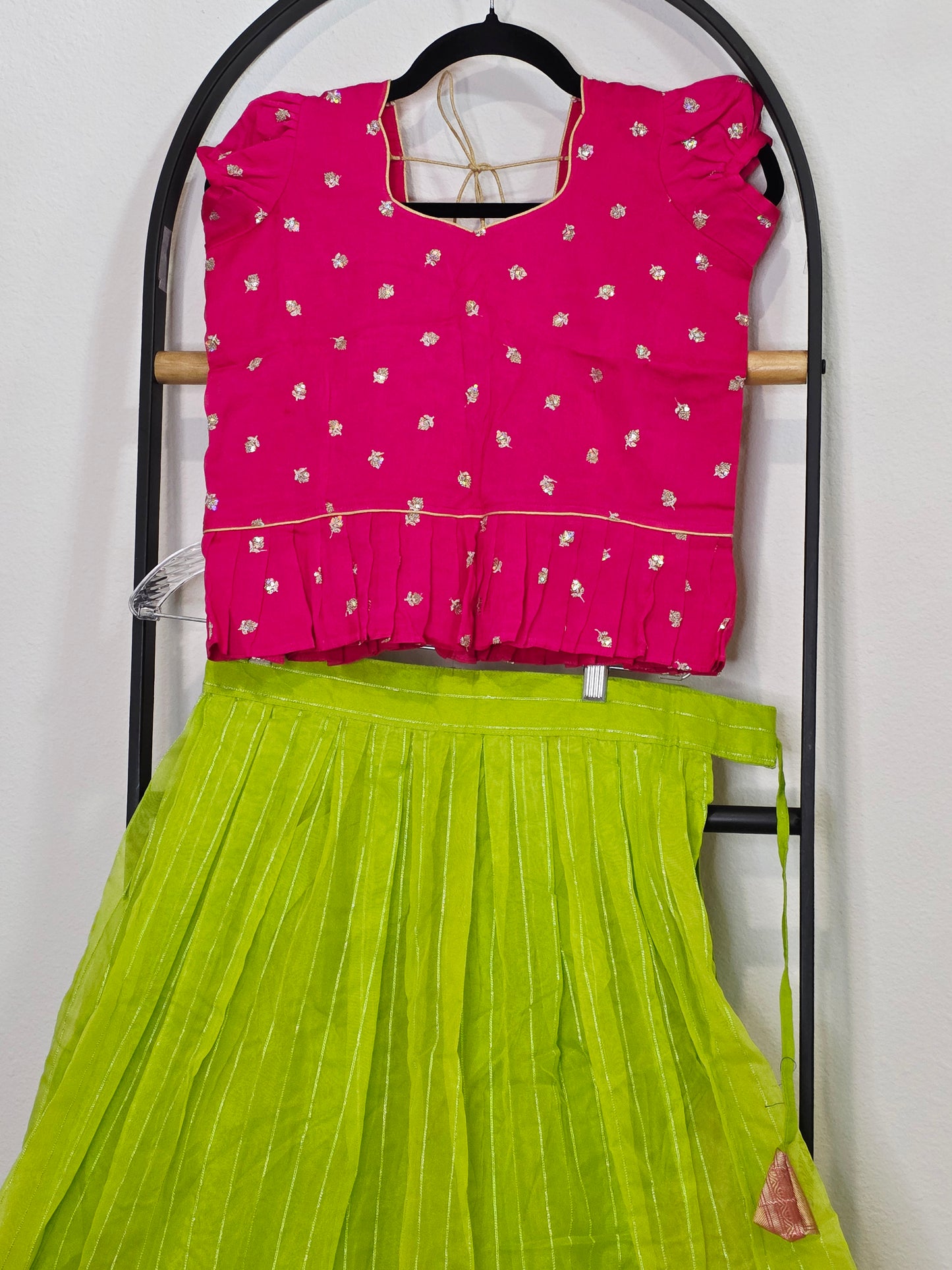 Green Organza Lehenga with Pink Chinnon Chiffon Blouse for Girls (Age 8–9)