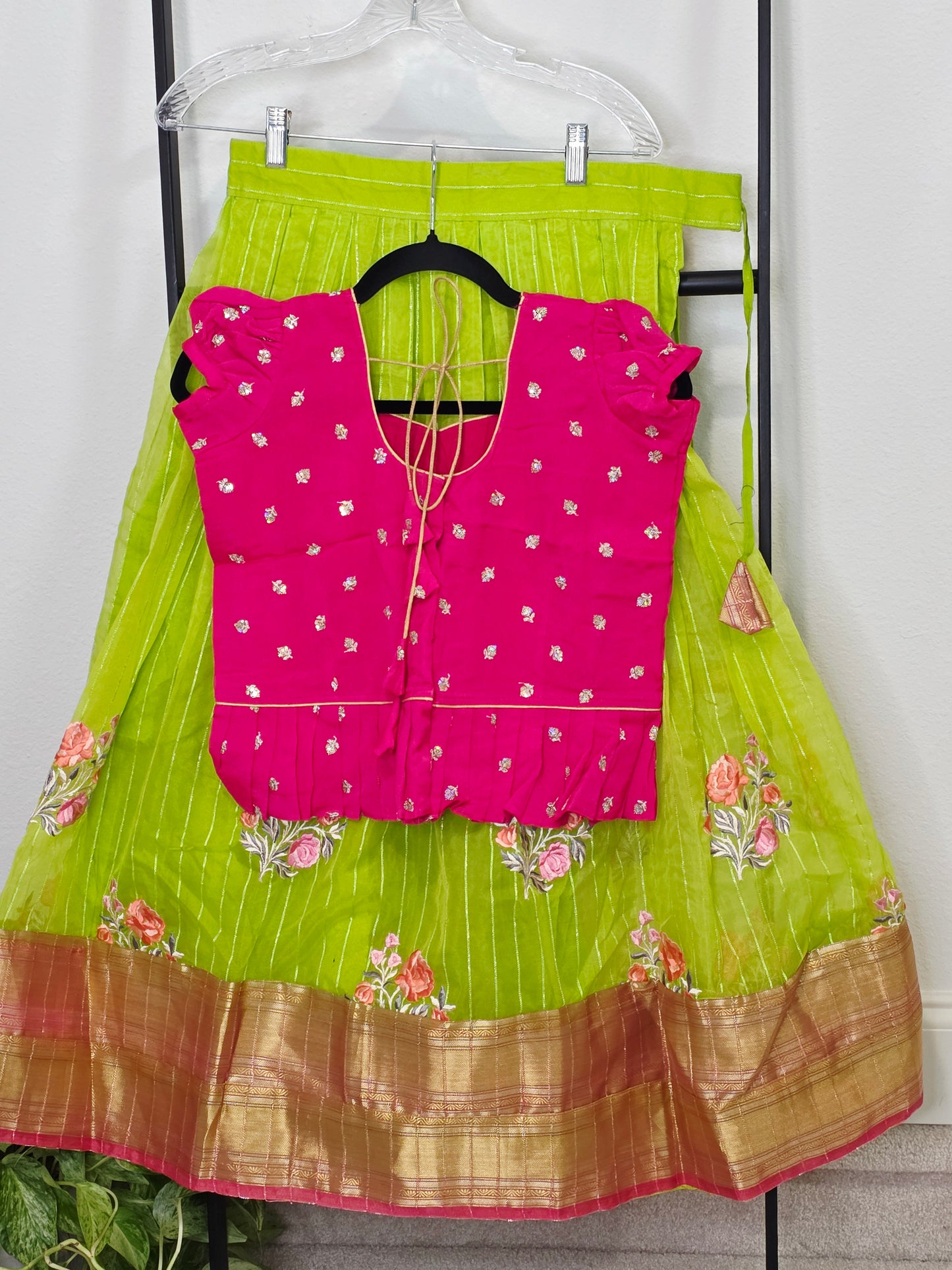 Green Organza Lehenga with Pink Chinnon Chiffon Blouse for Girls (Age 8–9)