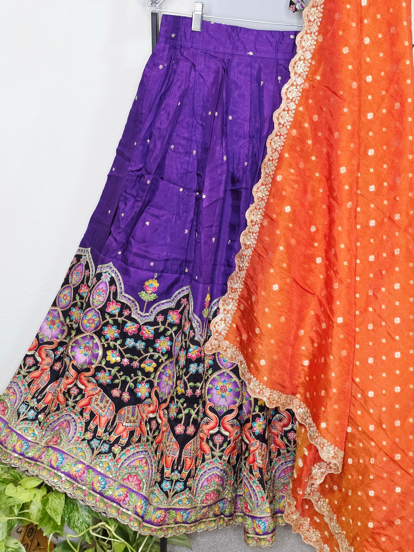 Purple Munga Crepe Silk Kalamkari Embroidery Lehenga Set with Orange Munga Benarasi Tissue Dupatta – Girls 11+ Junior