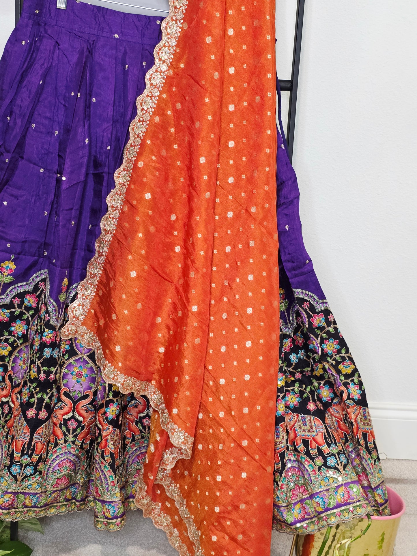 Purple Munga Crepe Silk Kalamkari Embroidery Lehenga Set with Orange Munga Benarasi Tissue Dupatta – Girls 11+ Junior