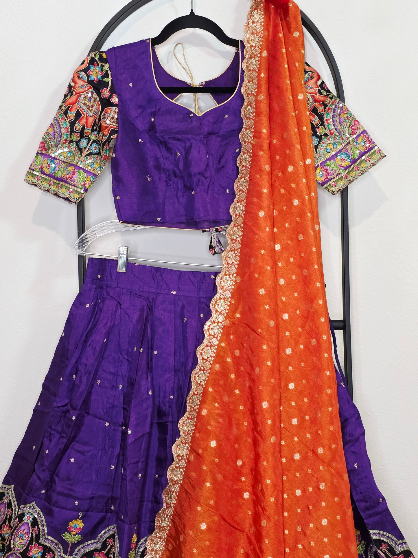 Purple Munga Crepe Silk Kalamkari Embroidery Lehenga Set with Orange Munga Benarasi Tissue Dupatta – Girls 11+ Junior
