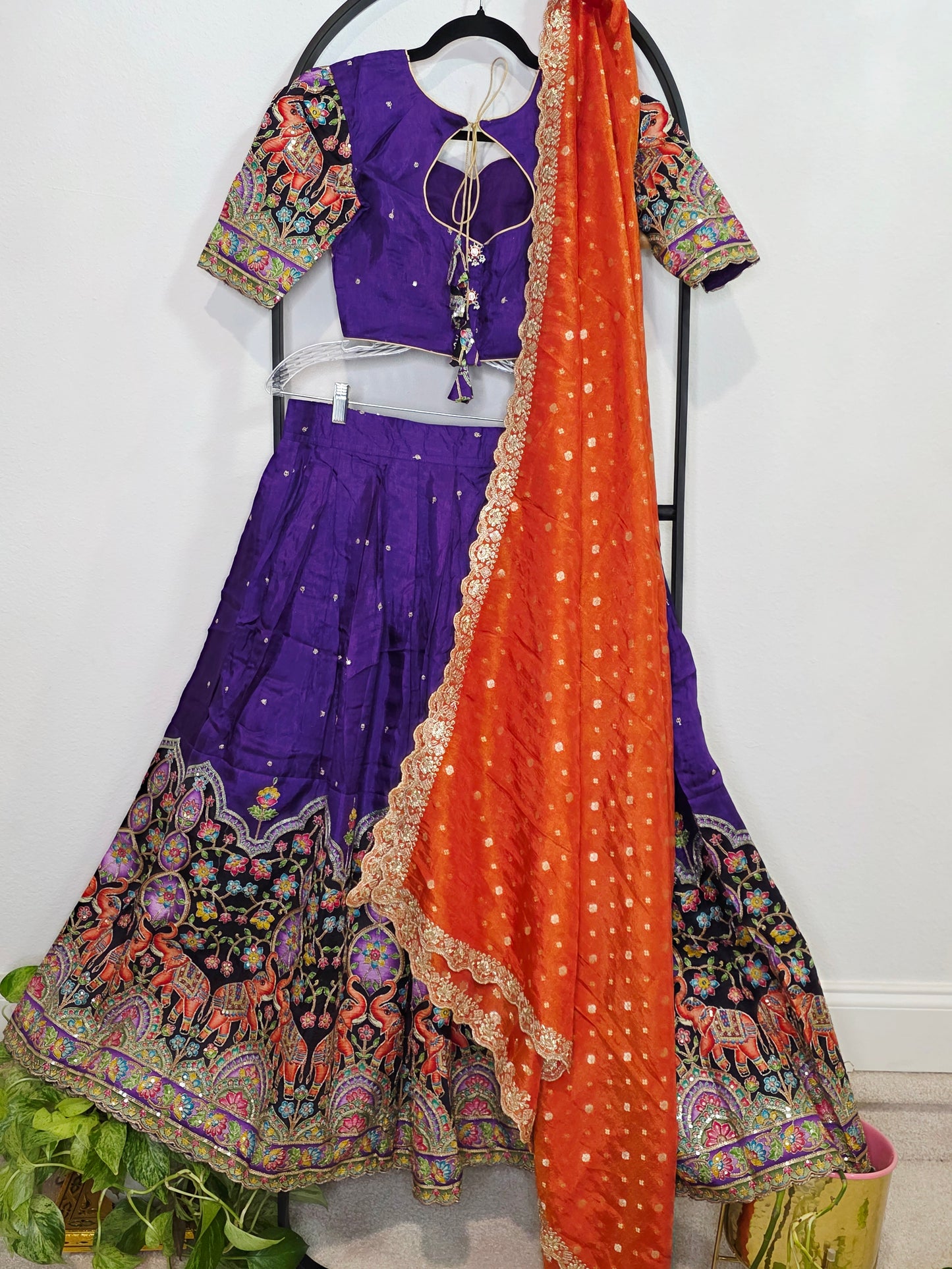Purple Munga Crepe Silk Kalamkari Embroidery Lehenga Set with Orange Munga Benarasi Tissue Dupatta – Girls 11+ Junior