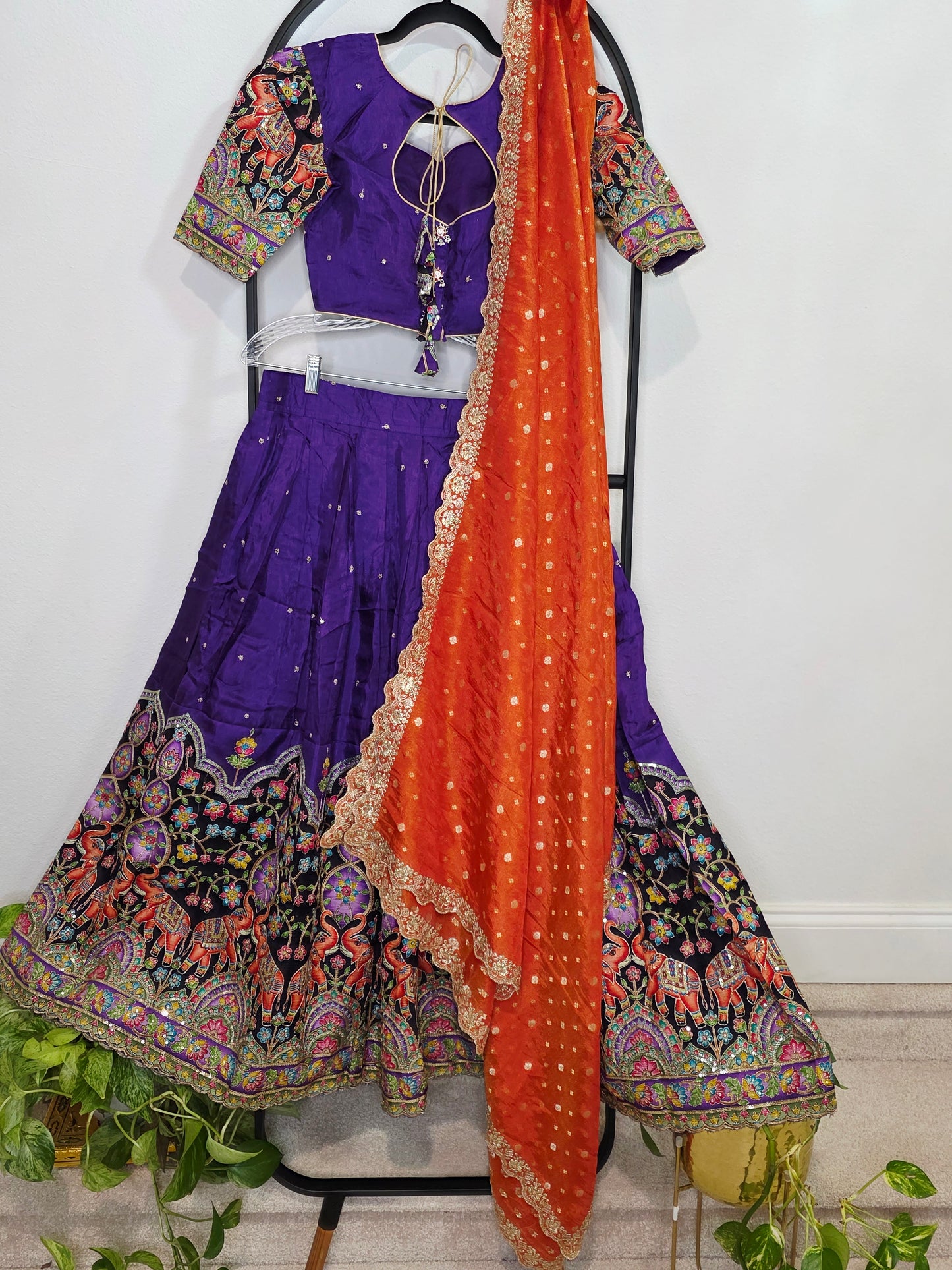 Purple Munga Crepe Silk Kalamkari Embroidery Lehenga Set with Orange Munga Benarasi Tissue Dupatta – Girls 11+ Junior