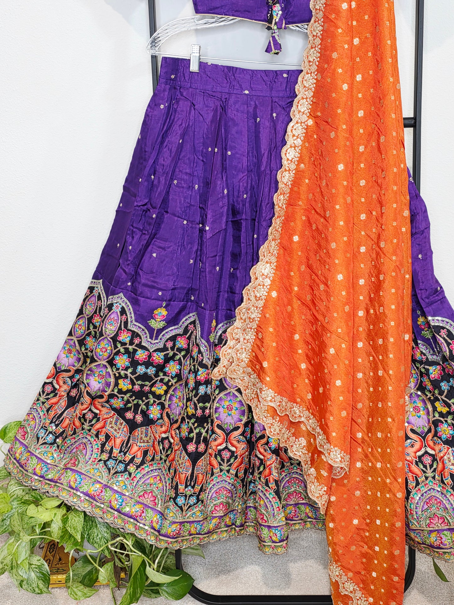 Purple Munga Crepe Silk Kalamkari Embroidery Lehenga Set with Orange Munga Benarasi Tissue Dupatta – Girls 11+ Junior