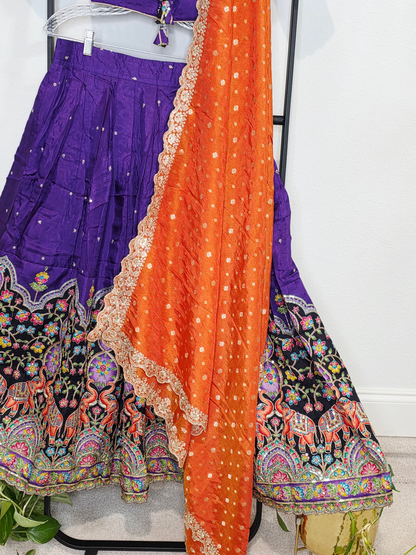 Purple Munga Crepe Silk Kalamkari Embroidery Lehenga Set with Orange Munga Benarasi Tissue Dupatta – Girls 11+ Junior