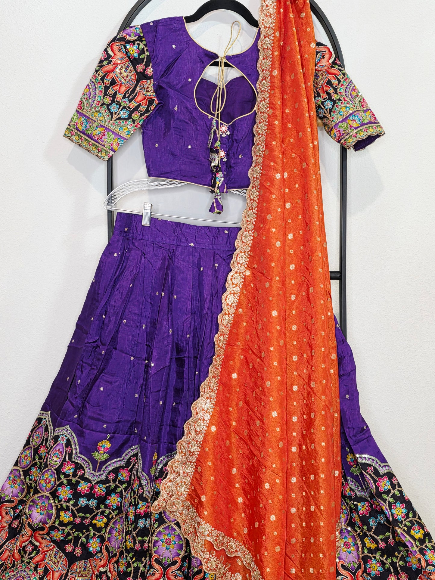 Purple Munga Crepe Silk Kalamkari Embroidery Lehenga Set with Orange Munga Benarasi Tissue Dupatta – Girls 11+ Junior