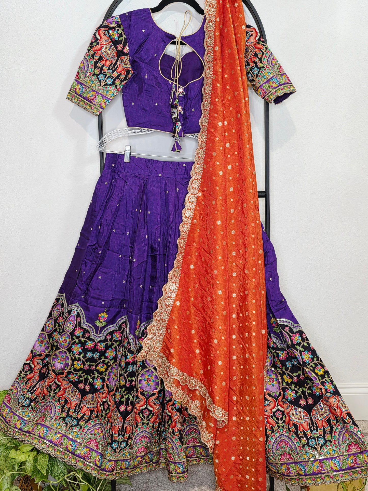 Purple Munga Crepe Silk Kalamkari Embroidery Lehenga Set with Orange Munga Benarasi Tissue Dupatta – Girls 11+ Junior