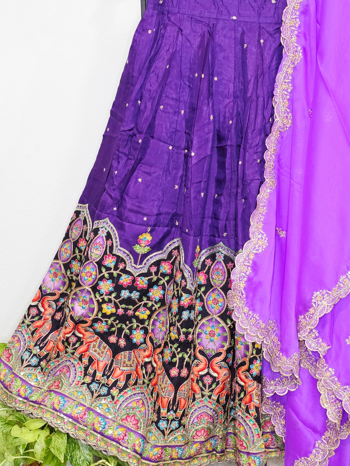 Purple Munga Crepe Silk Kalamkari Embroidery Lehenga Set with Lavender Georgette Cutwork Dupatta – Girls 11+ Junior