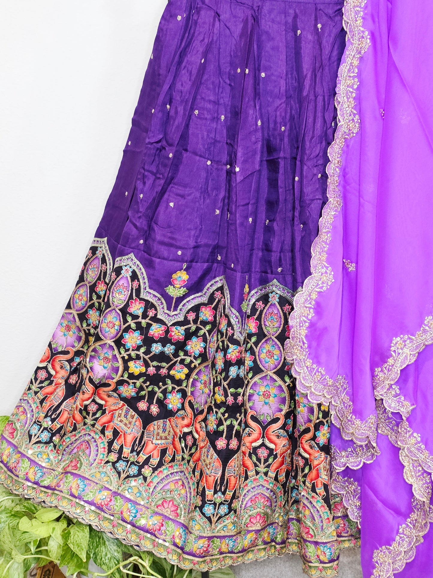 Purple Munga Crepe Silk Kalamkari Embroidery Lehenga Set with Lavender Georgette Cutwork Dupatta – Girls 11+ Junior