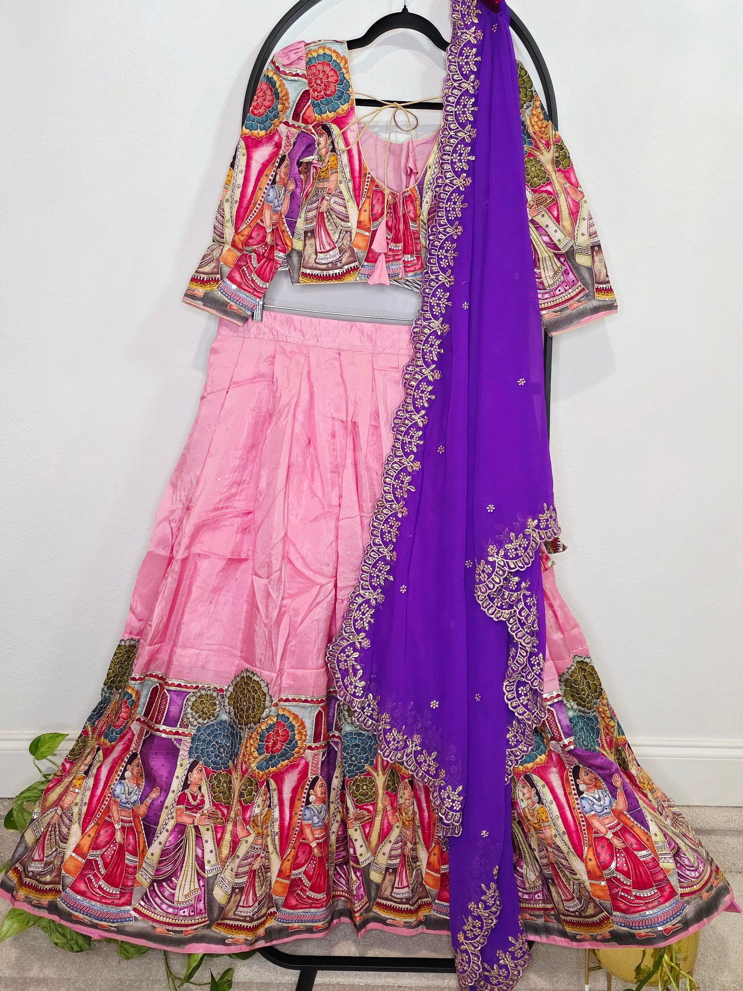 Blush Rose Violet Munga Crepe Kalamkari Embroidery Border Half Saree Set