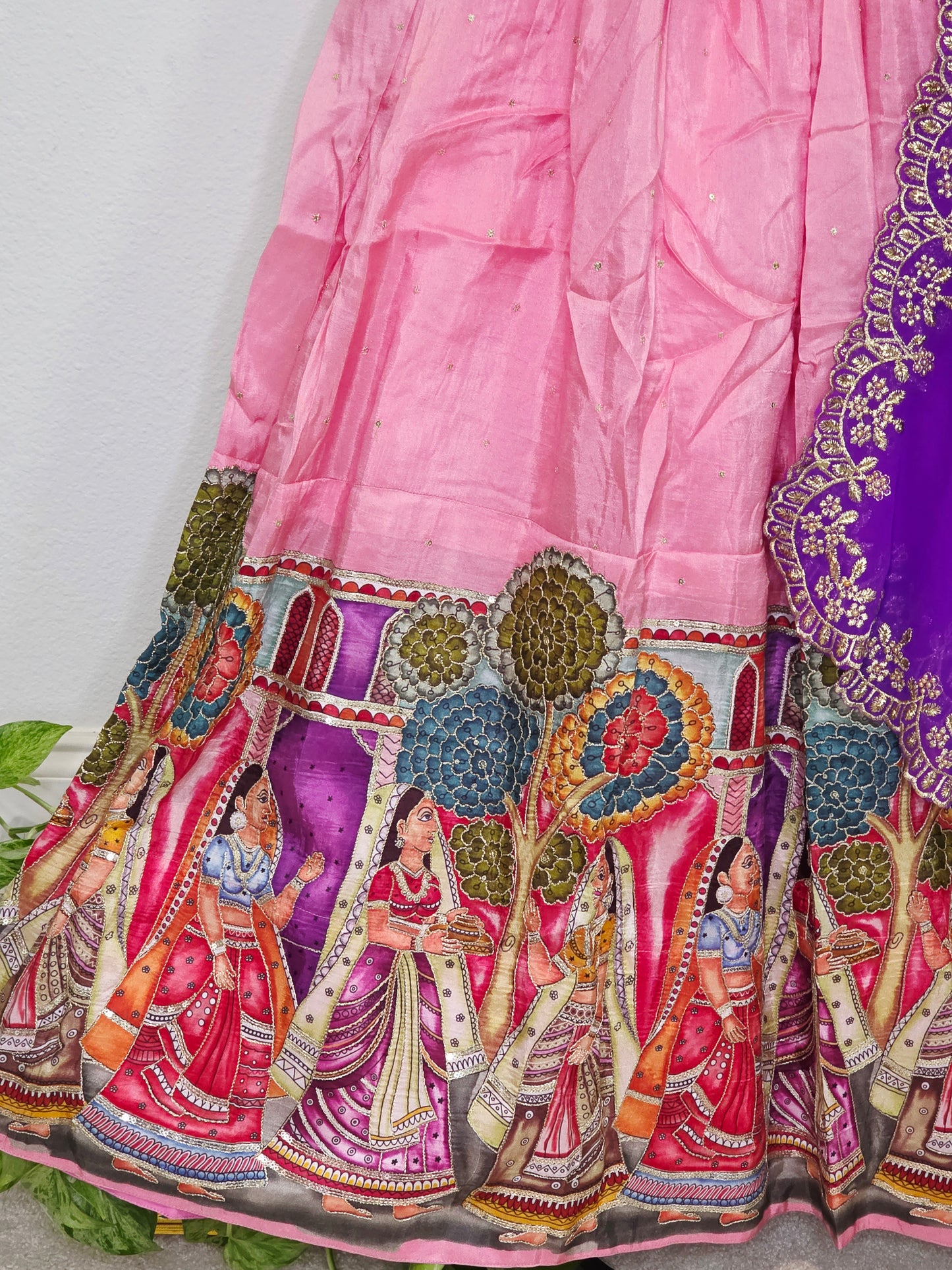 Blush Rose Violet Munga Crepe Kalamkari Embroidery Border Half Saree Set