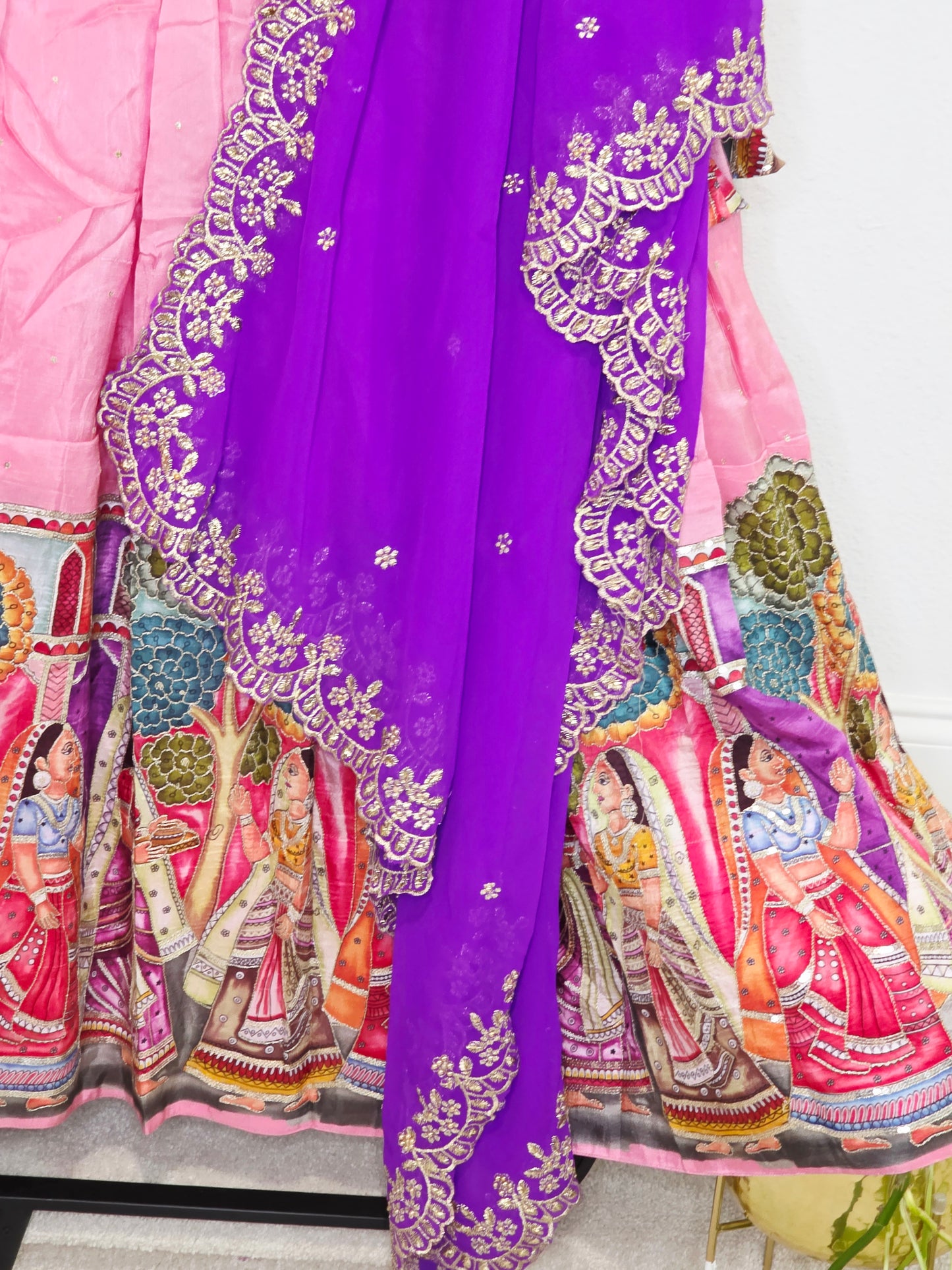 Blush Rose Violet Munga Crepe Kalamkari Embroidery Border Half Saree Set