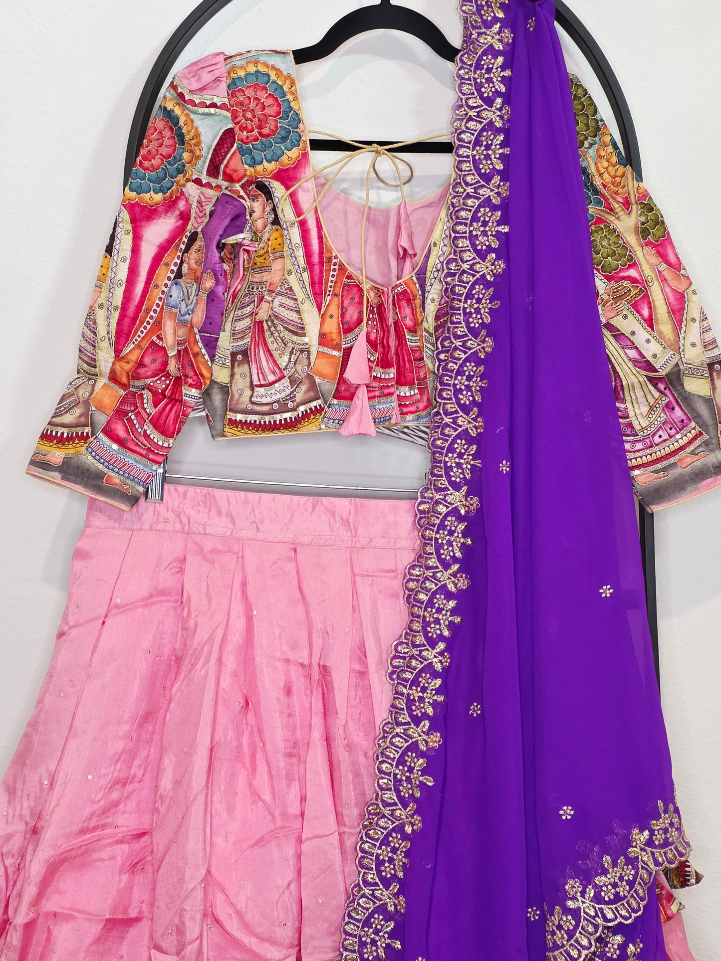 Blush Rose Violet Munga Crepe Kalamkari Embroidery Border Half Saree Set