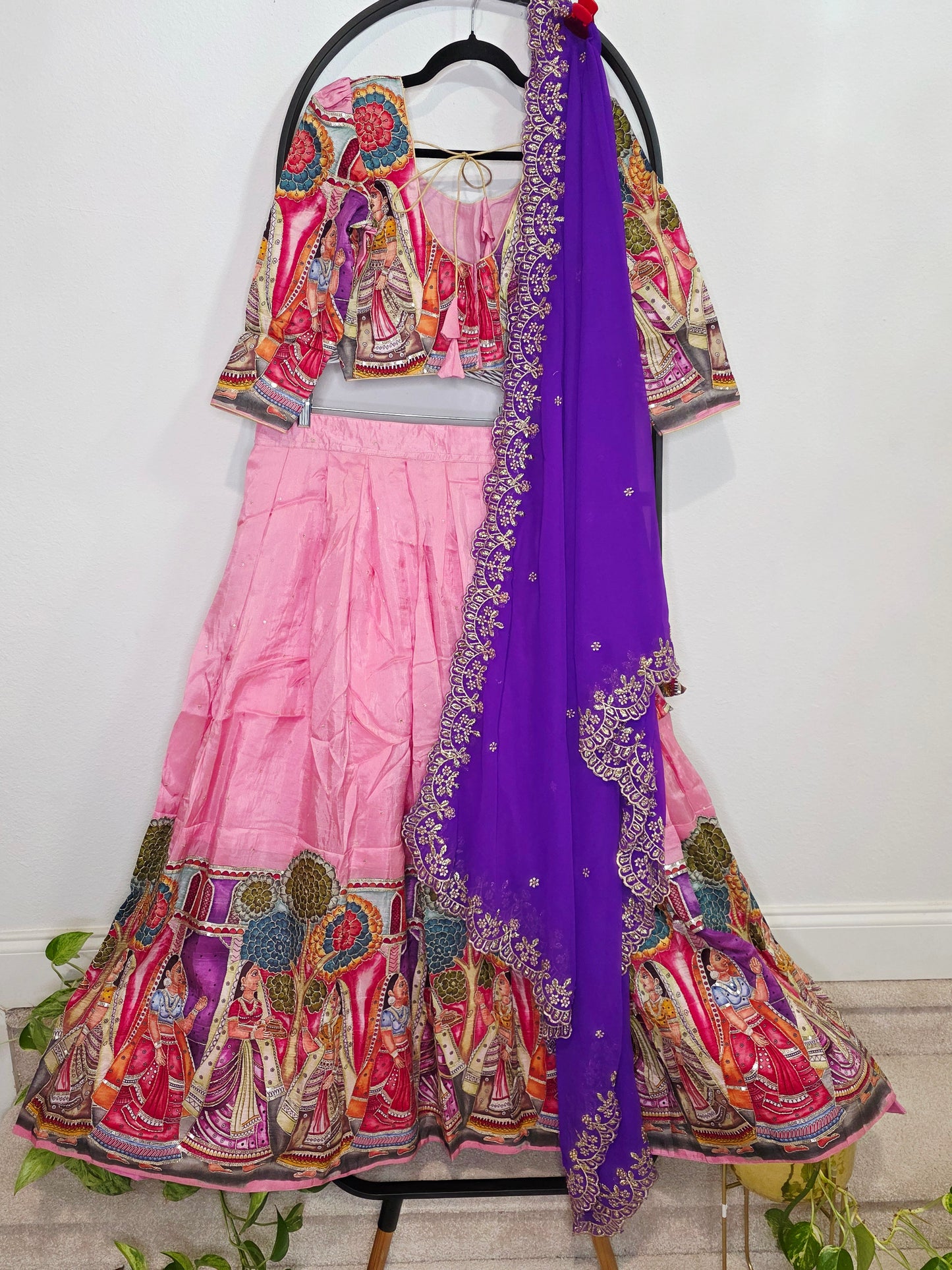 Blush Rose Violet Munga Crepe Kalamkari Embroidery Border Half Saree Set