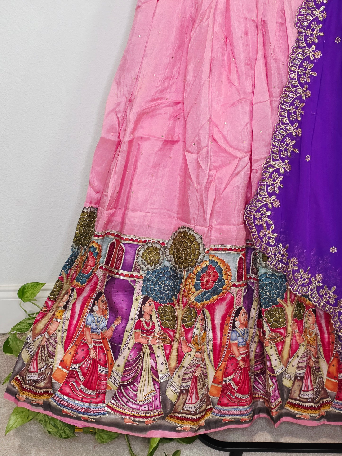 Blush Rose Violet Munga Crepe Kalamkari Embroidery Border Half Saree Set