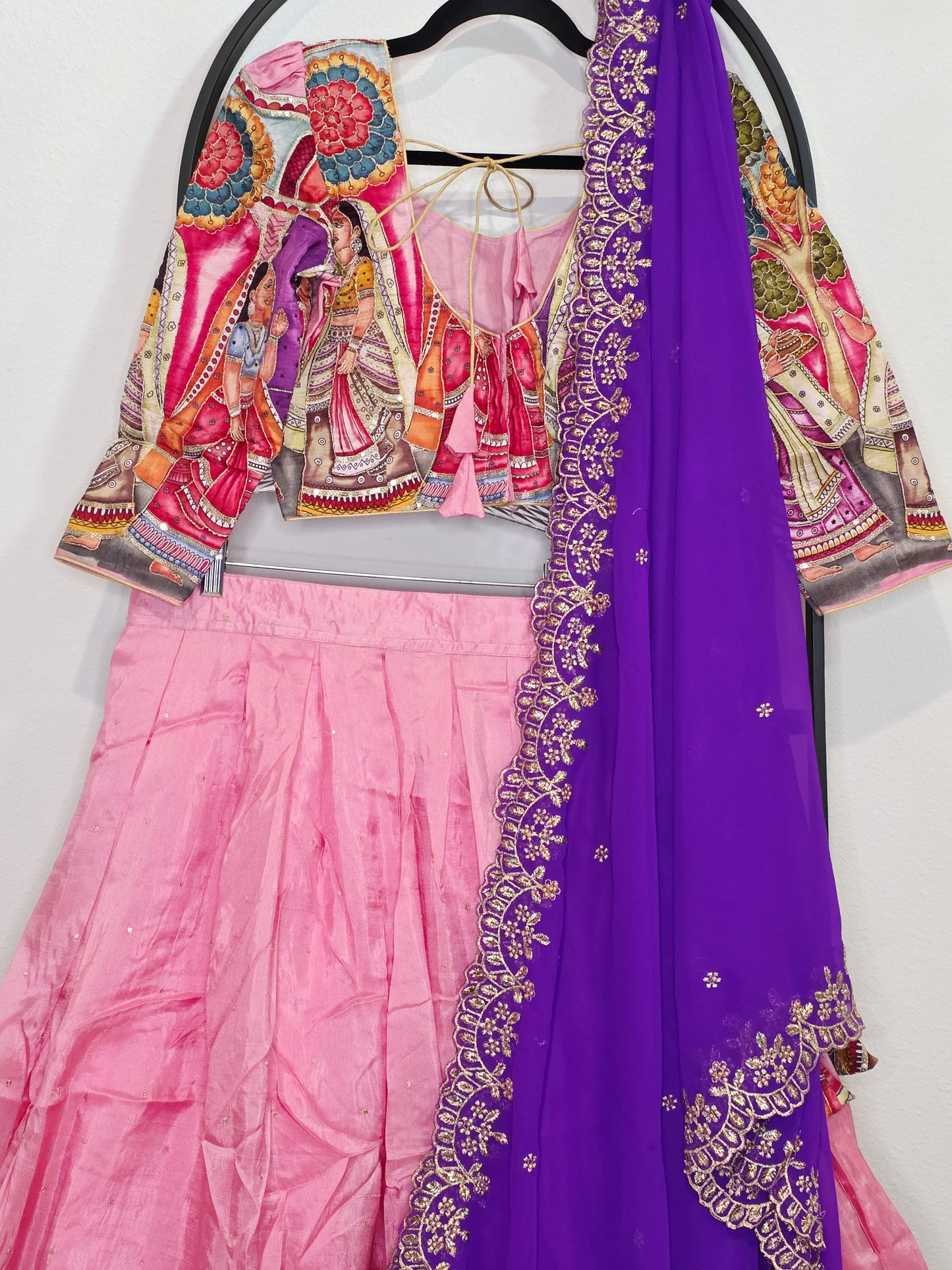 Blush Rose Violet Munga Crepe Kalamkari Embroidery Border Half Saree Set