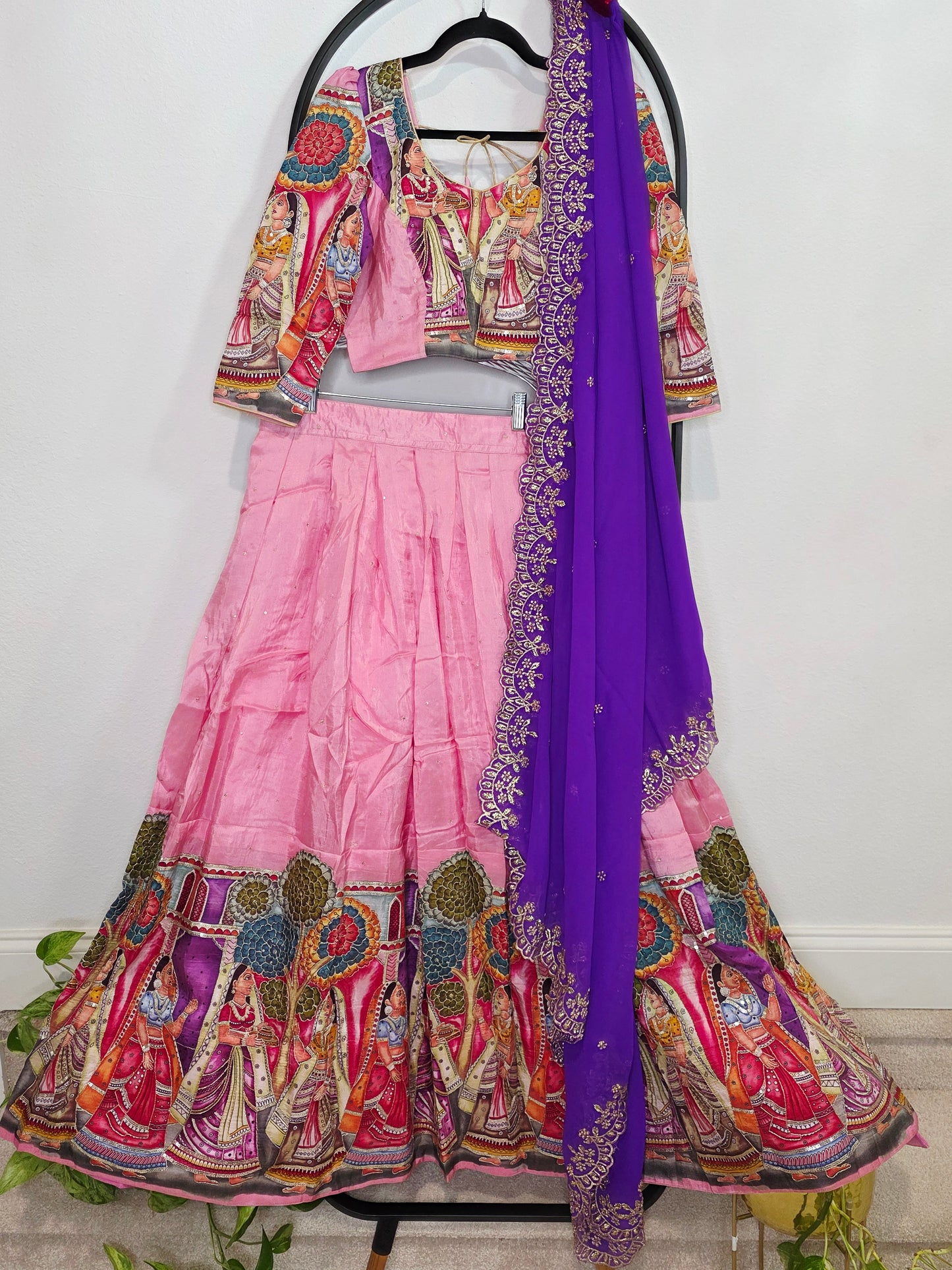 Blush Rose Violet Munga Crepe Kalamkari Embroidery Border Half Saree Set