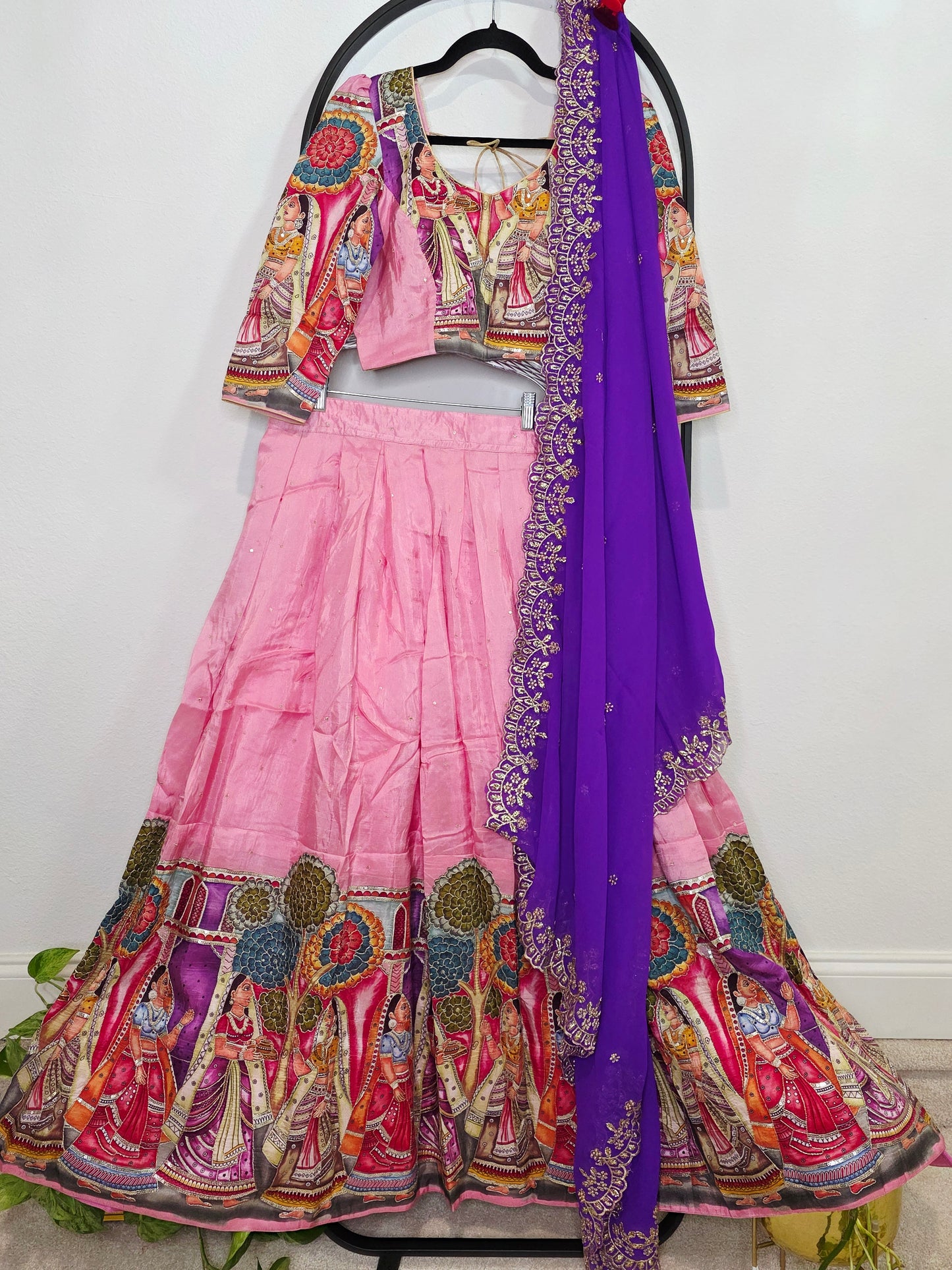 Blush Rose Violet Munga Crepe Kalamkari Embroidery Border Half Saree Set