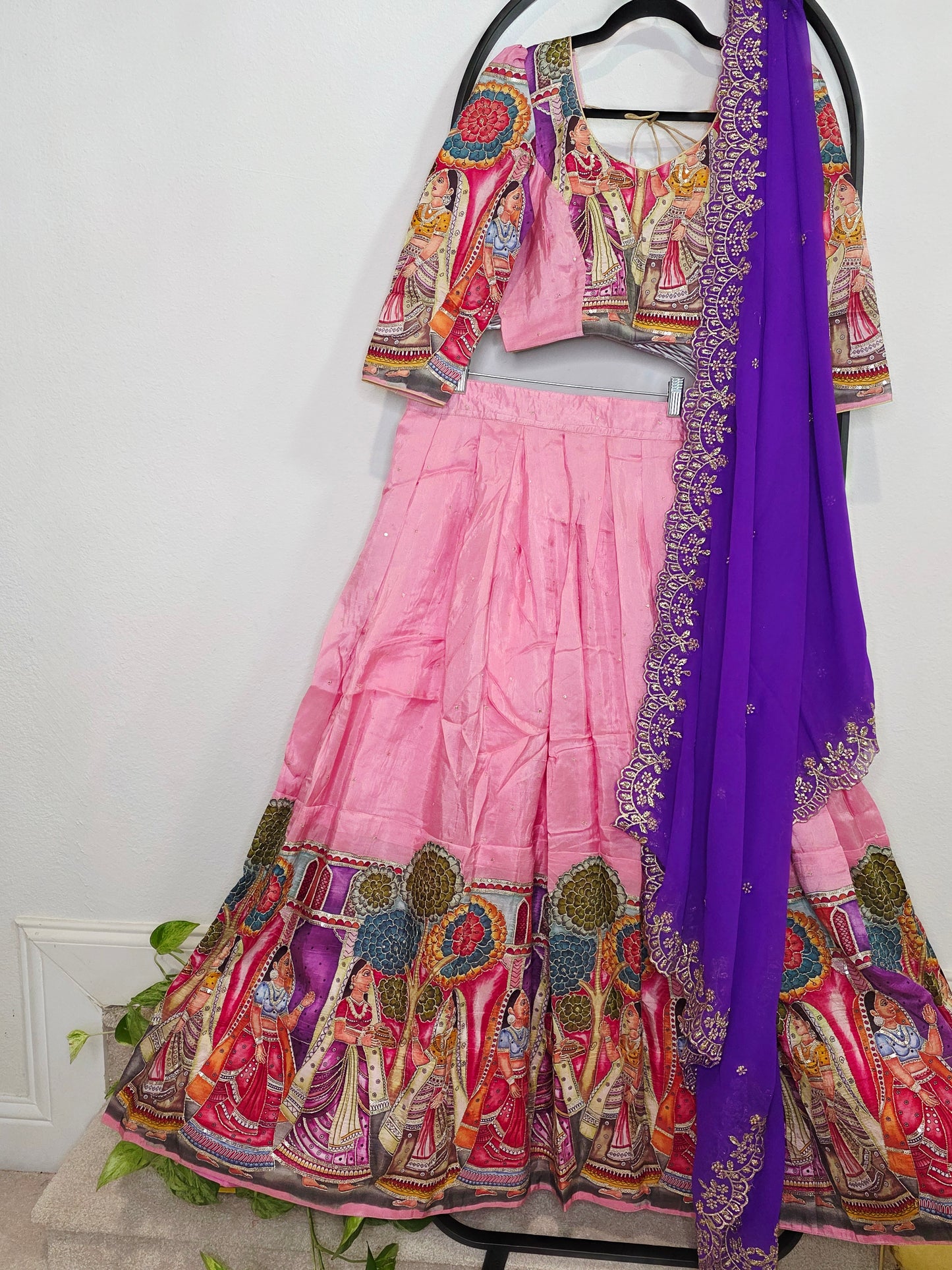 Blush Rose Violet Munga Crepe Kalamkari Embroidery Border Half Saree Set
