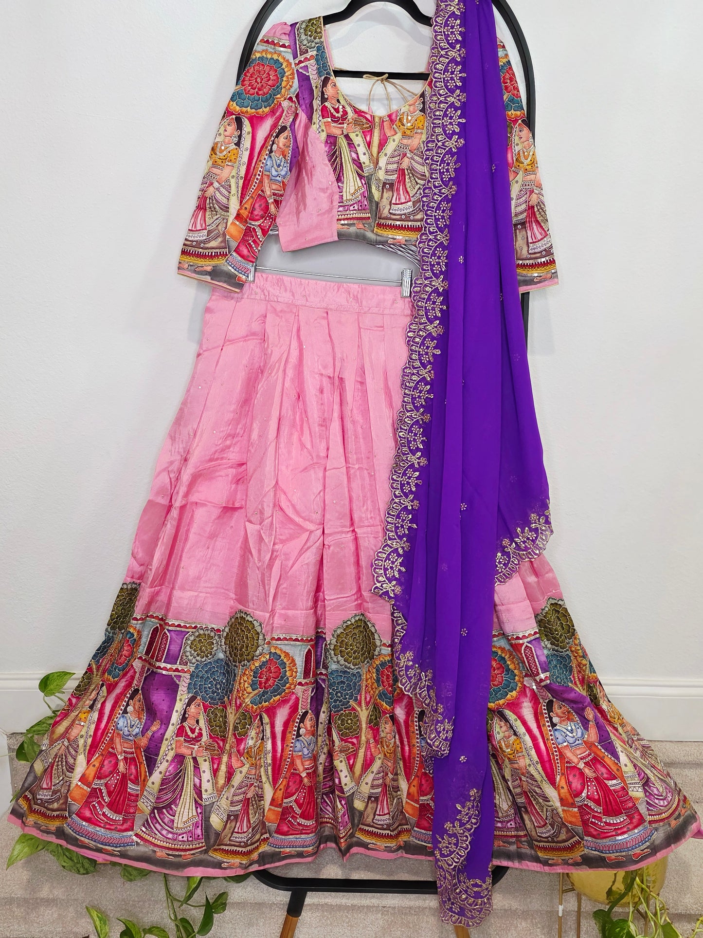 Blush Rose Violet Munga Crepe Kalamkari Embroidery Border Half Saree Set
