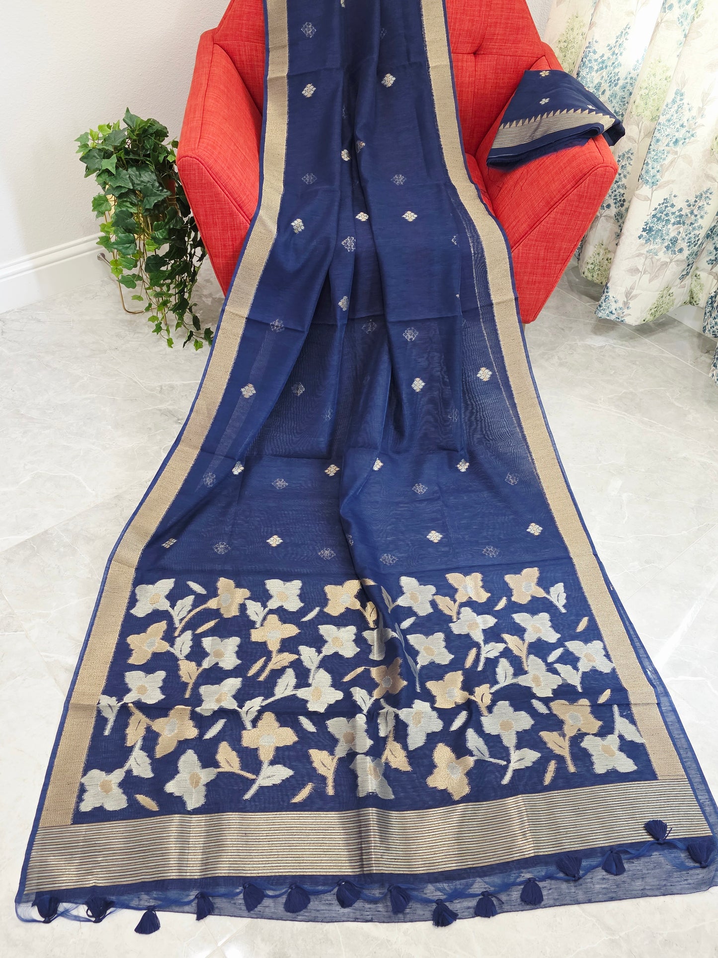 Navy Blue Shade Semi Matka Silk Jamdani Saree