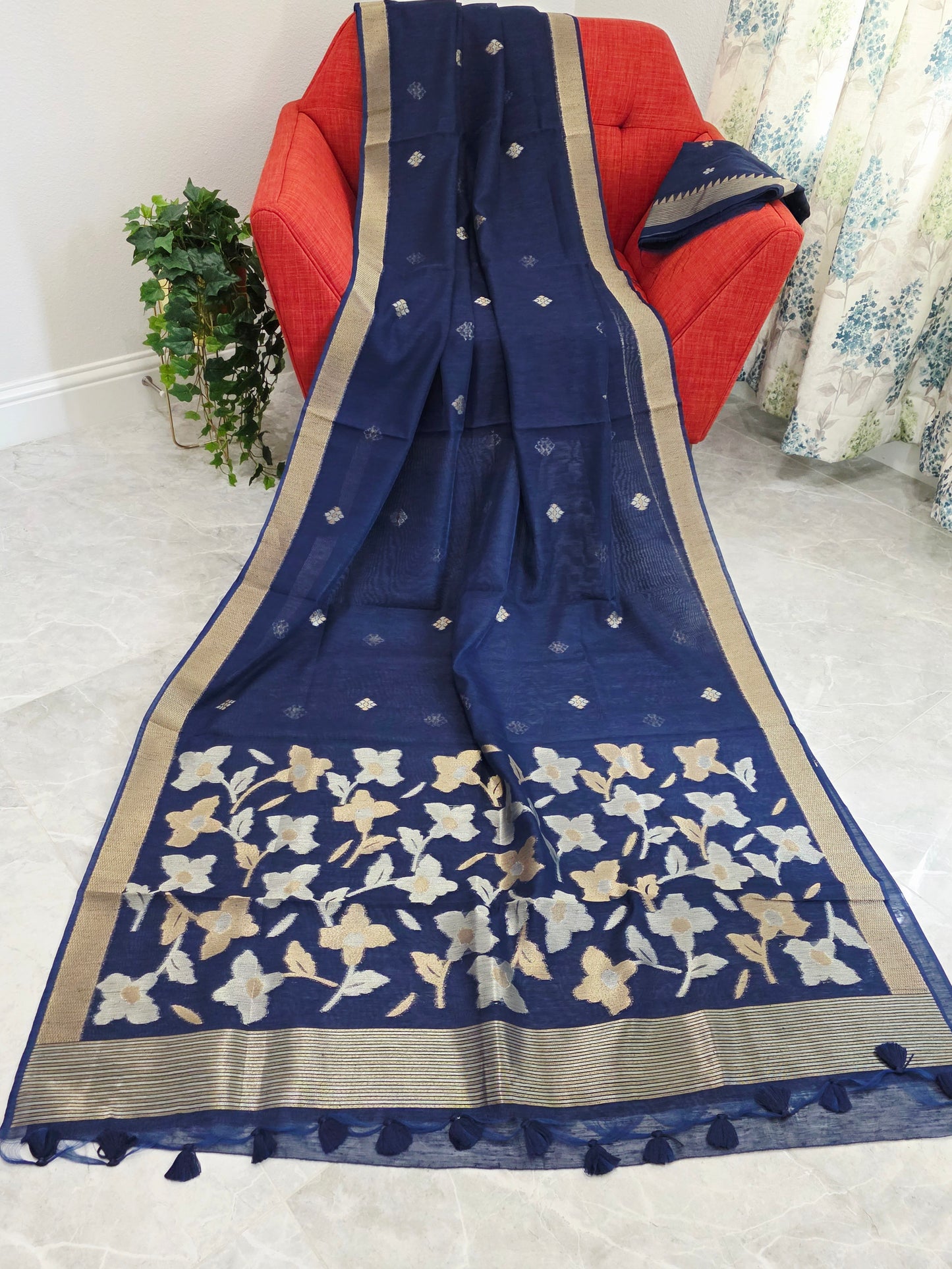 Navy Blue Shade Semi Matka Silk Jamdani Saree