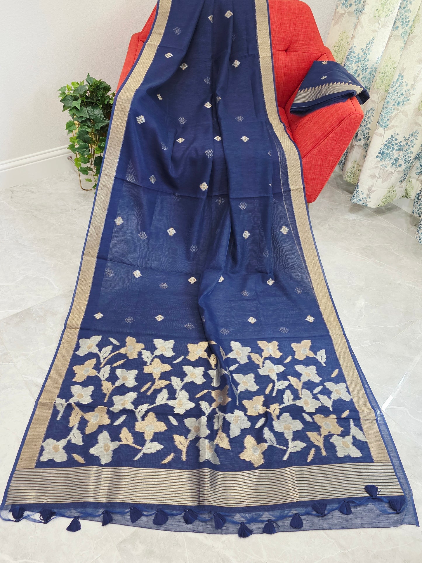 Navy Blue Shade Semi Matka Silk Jamdani Saree