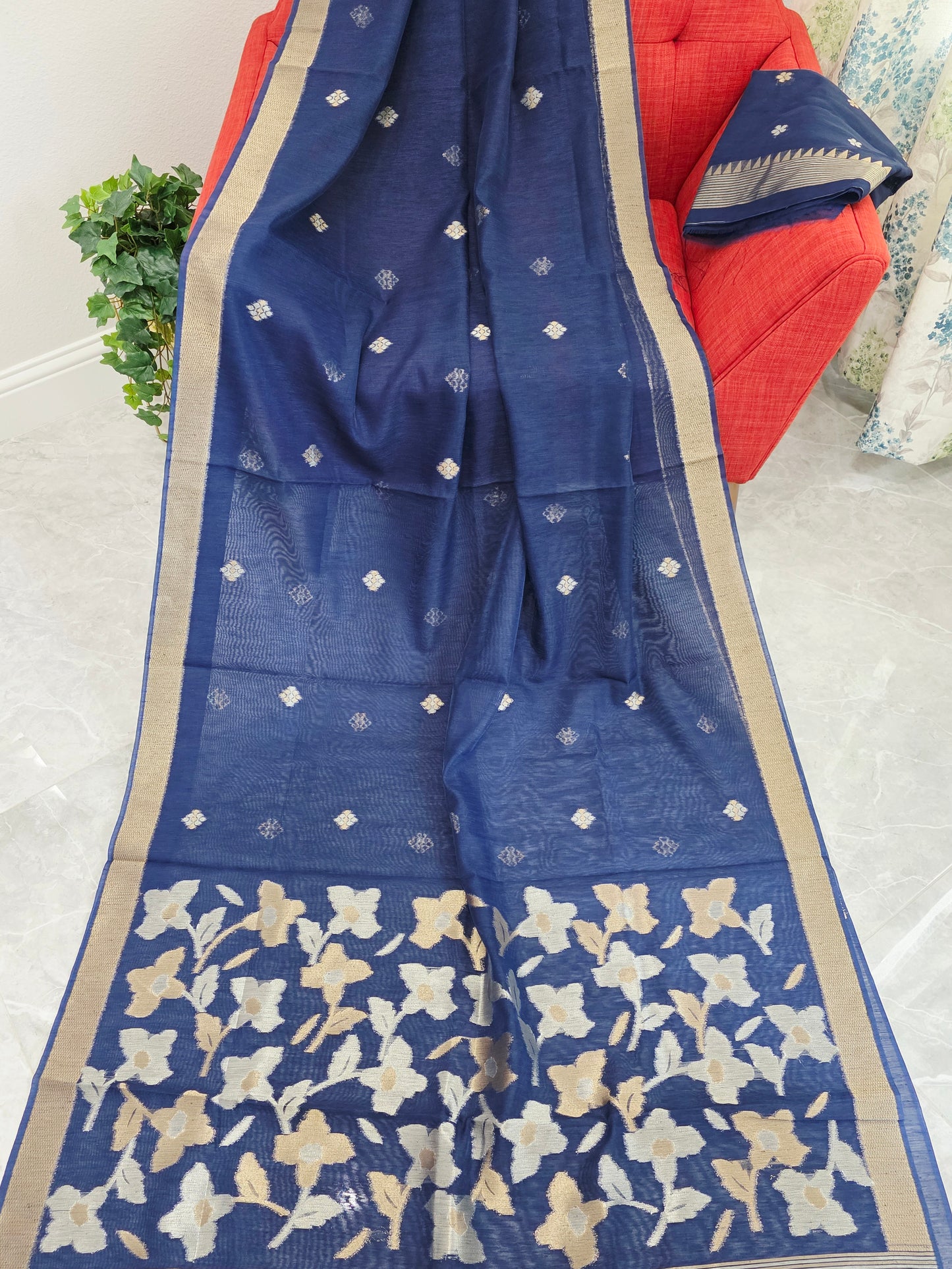 Navy Blue Shade Semi Matka Silk Jamdani Saree