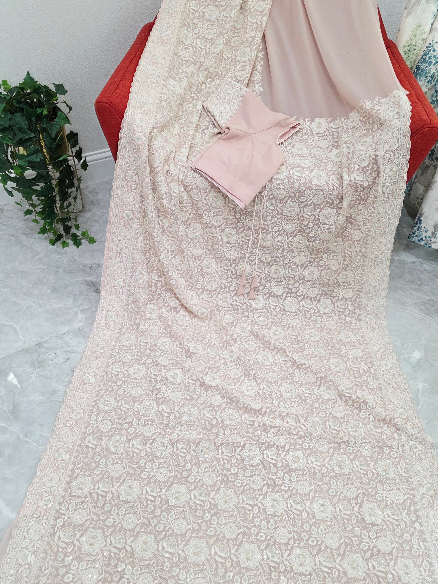 Blush Champagne Nude Viscose Georgette Saree with Pearl White Chikankari Embroidery & Stitched Blouse