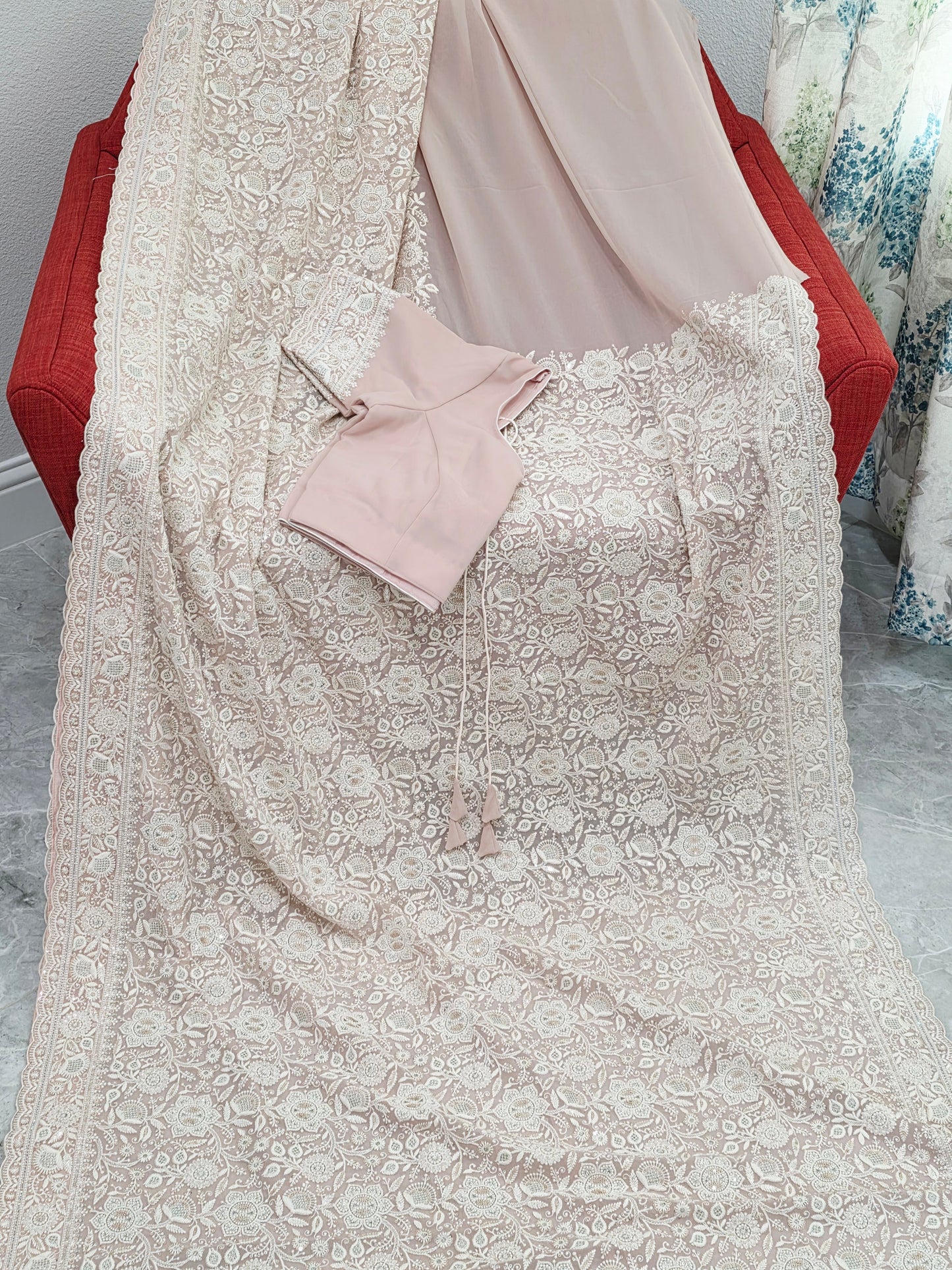 Blush Champagne Nude Viscose Georgette Saree with Pearl White Chikankari Embroidery & Stitched Blouse
