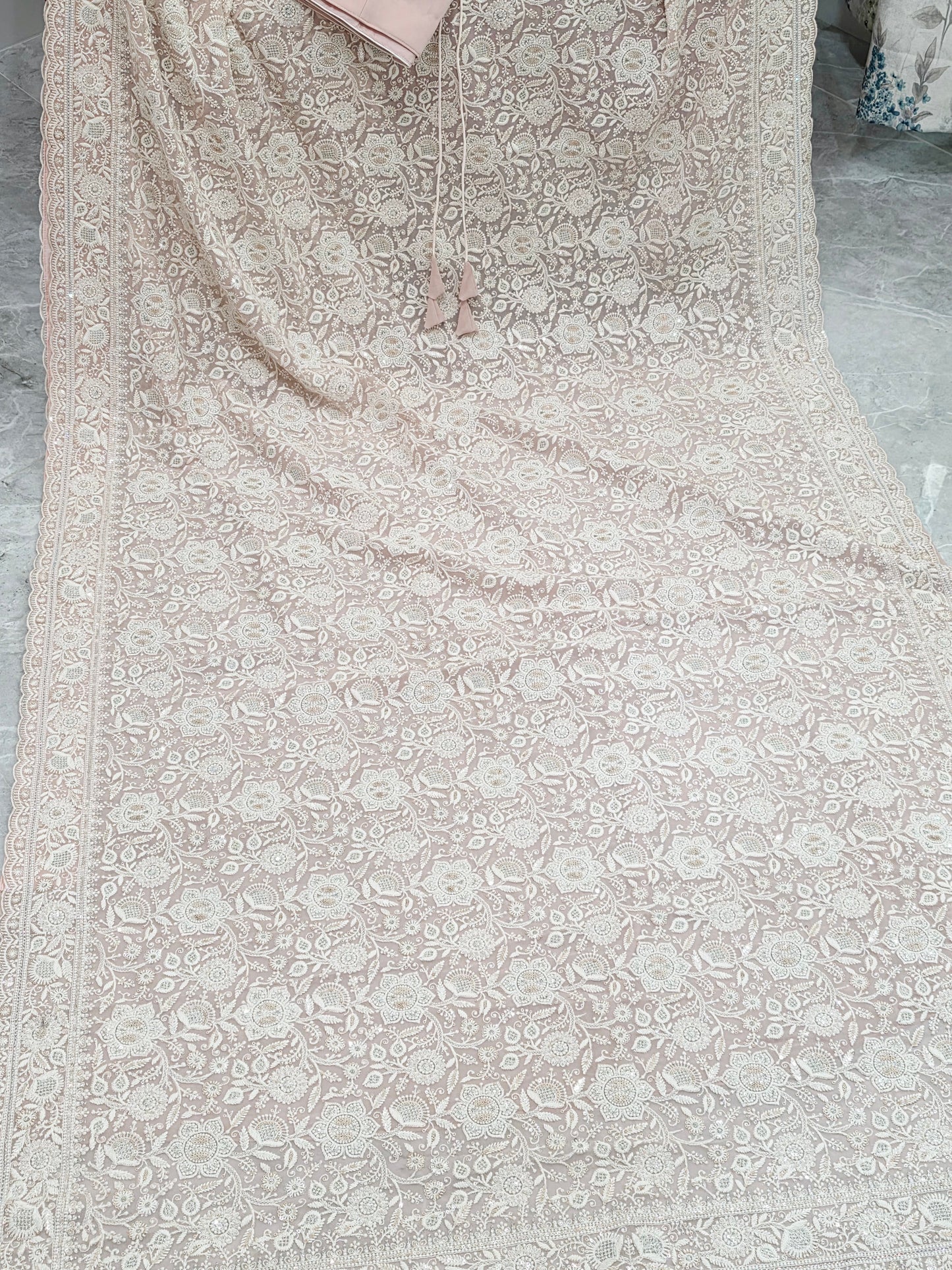 Blush Champagne Nude Viscose Georgette Saree with Pearl White Chikankari Embroidery & Stitched Blouse